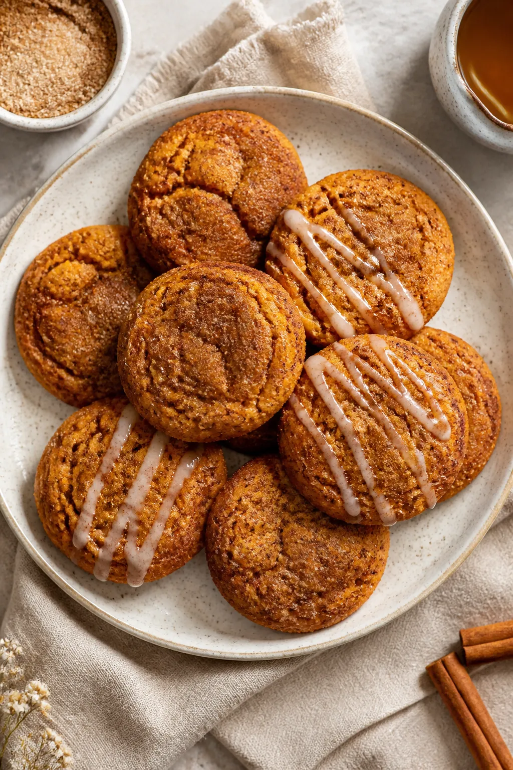 Final dish presentation, top view: Overhead shot of a cozy plate of cinnamon sugar sweet potato cook