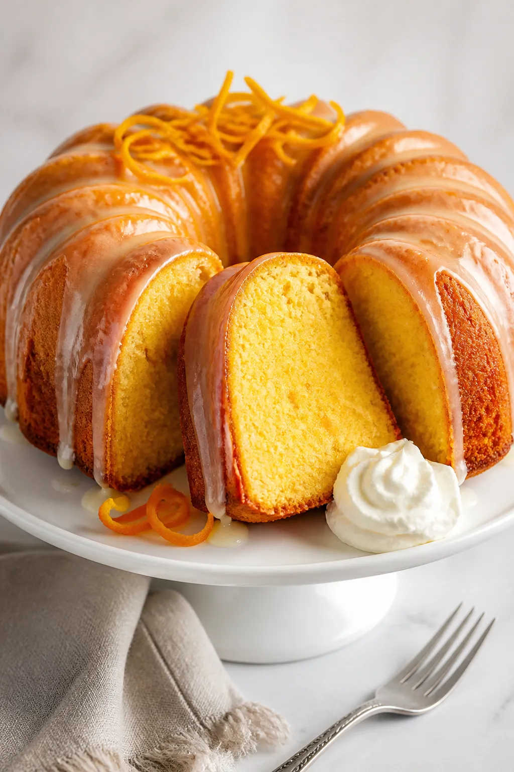 Final dish, styled presentation: Beautifully plated Orange Bundt Cake on a matte white cake stand, s