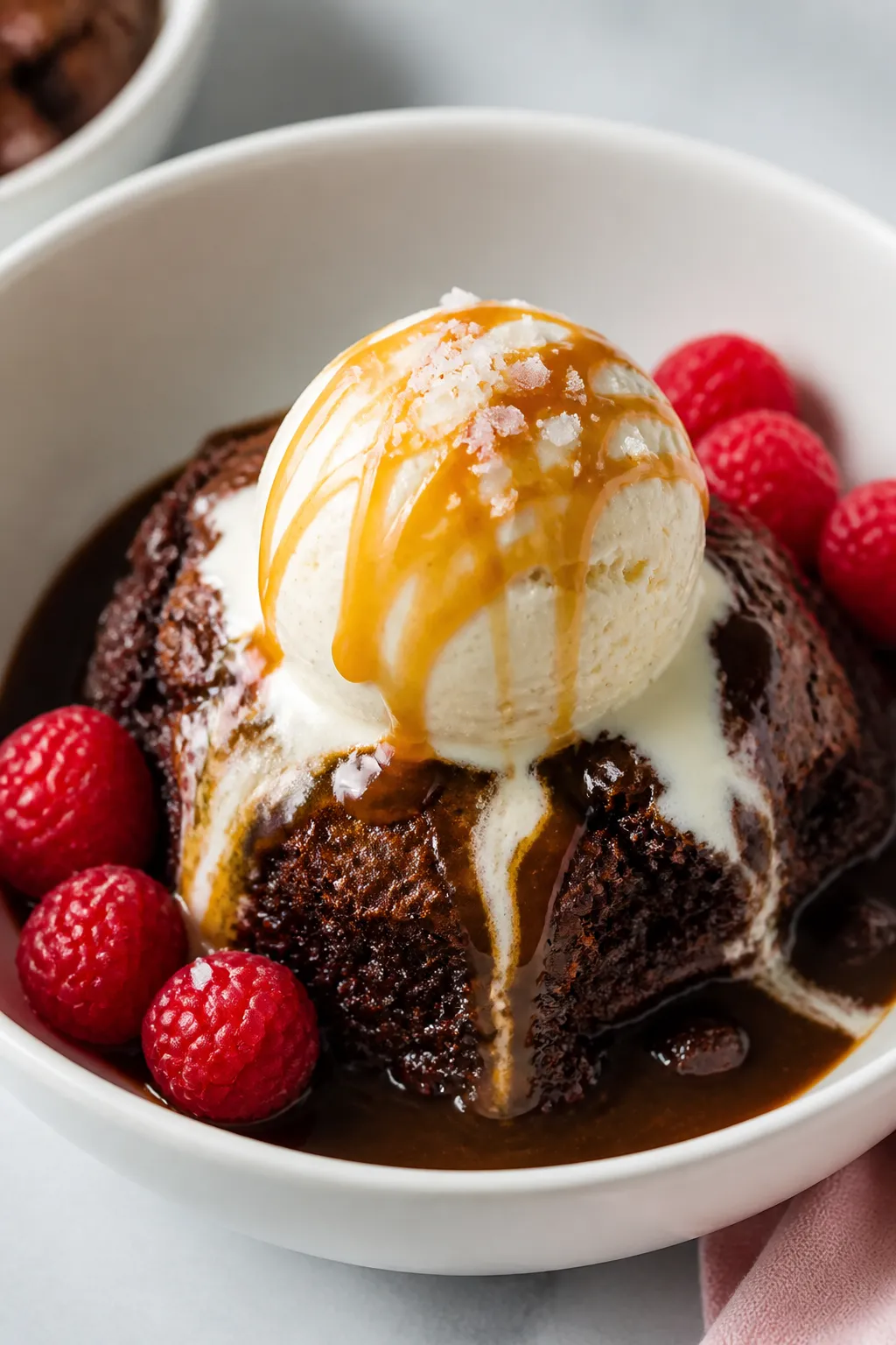 Final plated dessert: A warm scoop of Crockpot Brownie Pudding Cake served in a matte white bowl, to