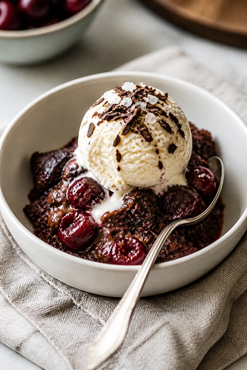 Final plated dessert beauty shot: A warm scoop of cherry-chocolate dump cake in a small matte-white 