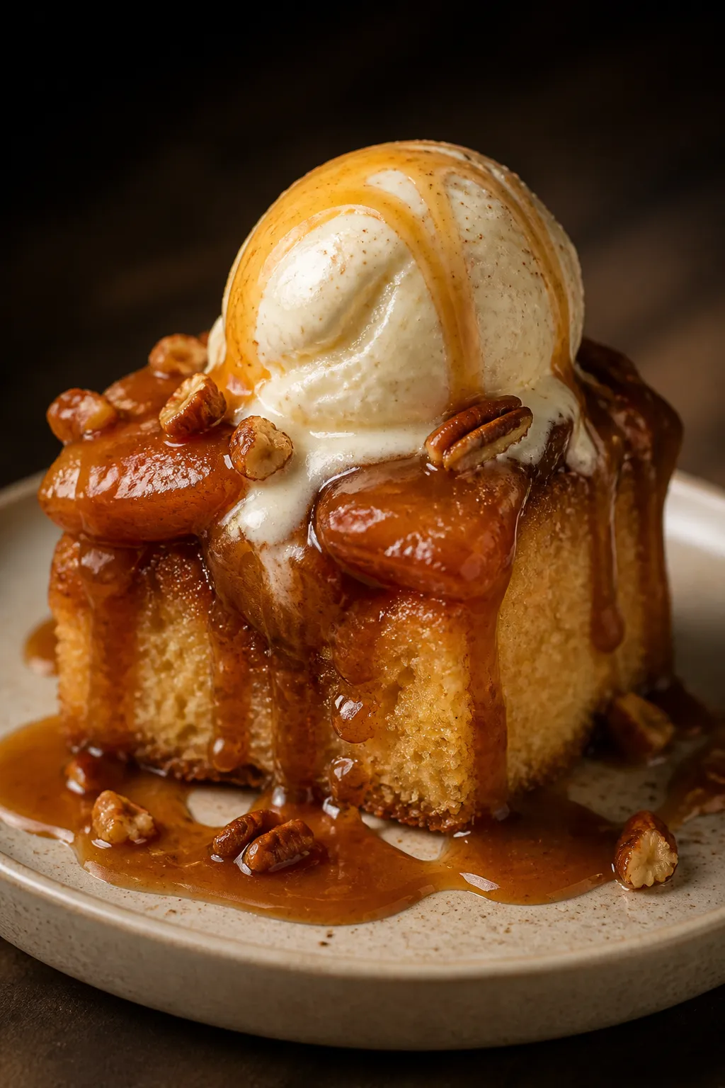 Final plated dessert shot: a warm wedge of Caramel Apple Upside Down Cake on a small ceramic dessert