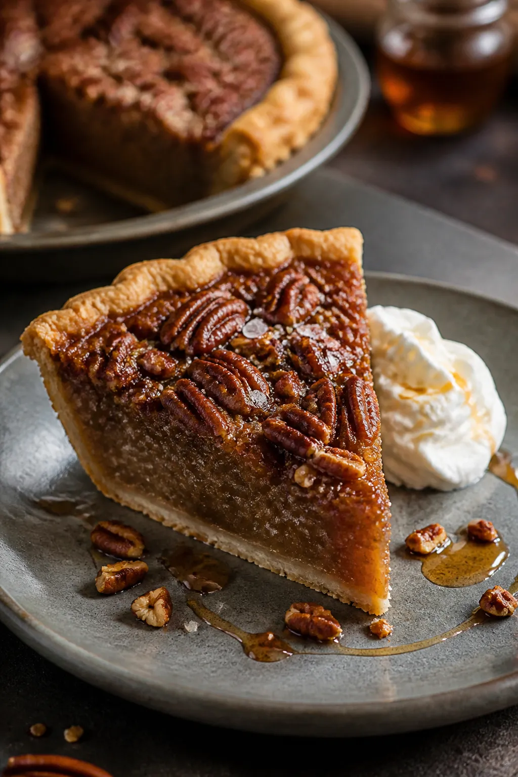 Final plated dish: A perfectly sliced wedge of Maple Bourbon Pecan Pie on a matte ceramic plate, the