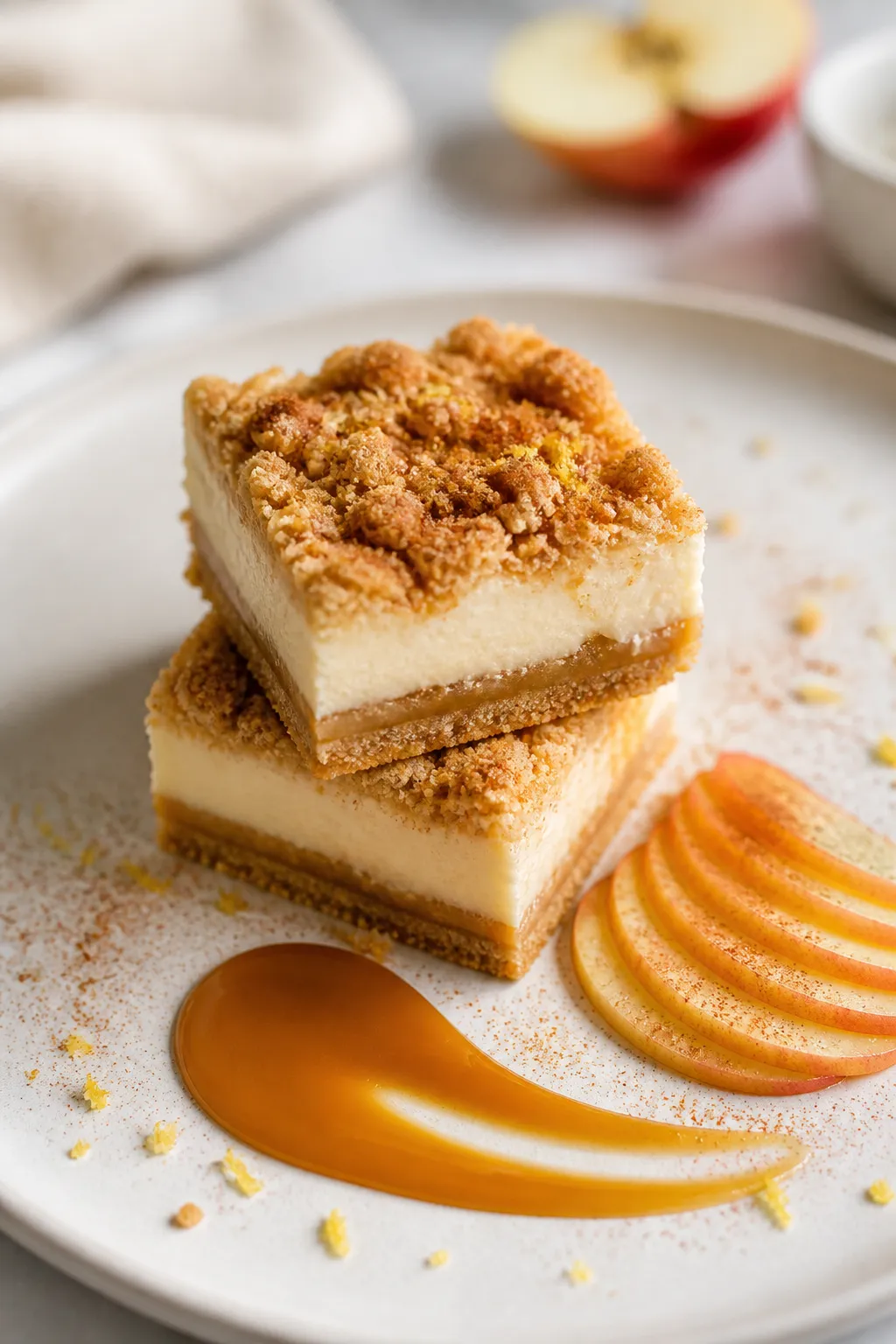 Final plated dish: Restaurant-quality presentation of two Apple Crumble Cheesecake Bars stacked slig
