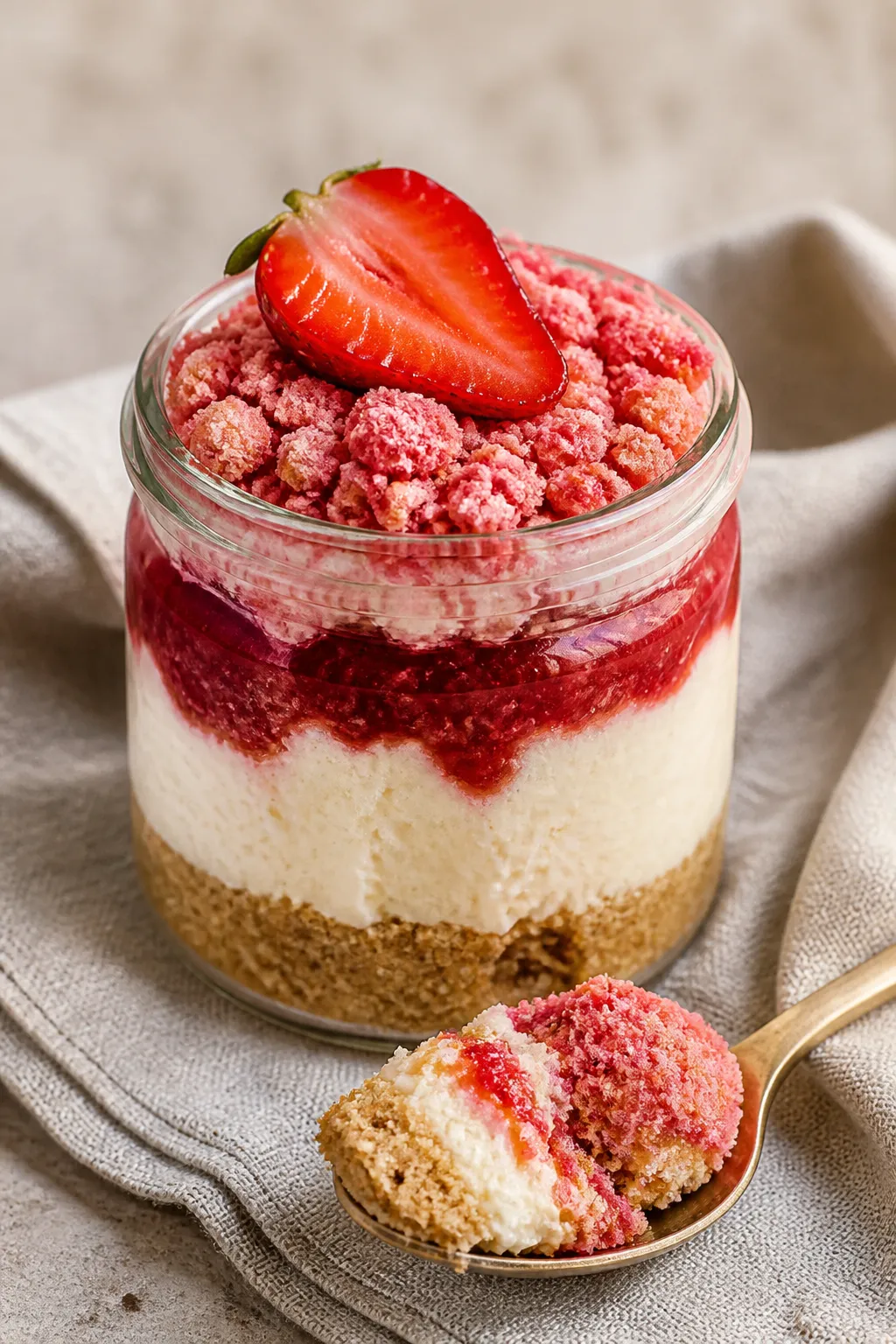 Final plated hero shot of a single Strawberry Crunch Cheesecake Cup ready to serve: clear jar showca