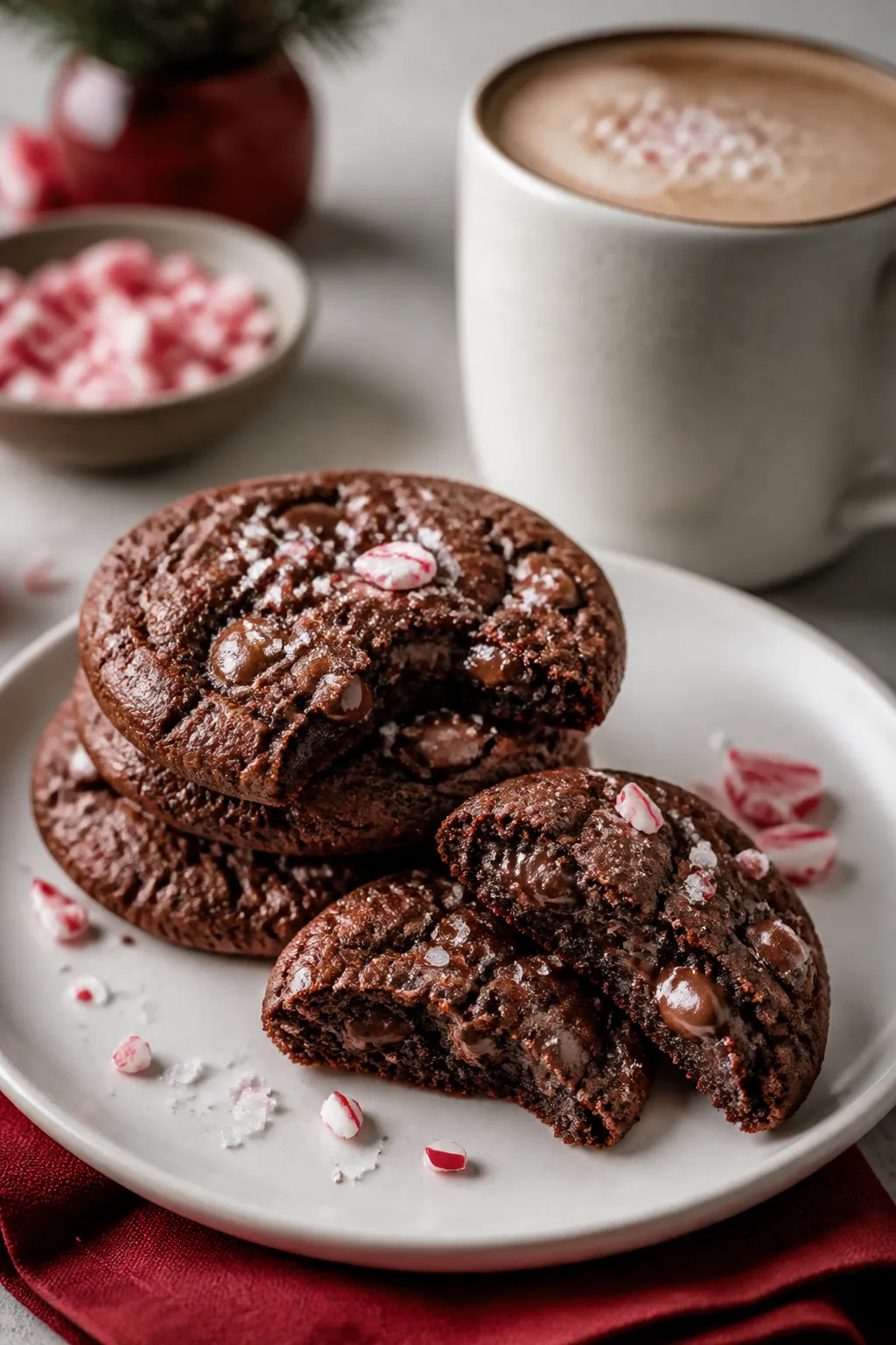 Final plated presentation: a café-style setting with a small stack of chewy, brownie-like peppermin