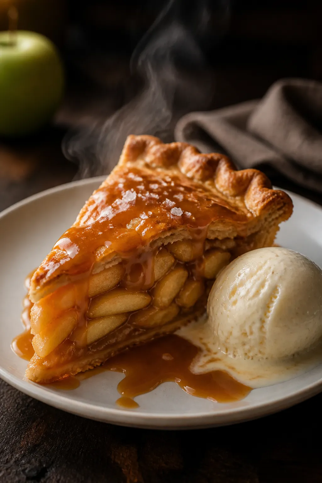 Final plated presentation: A clean slice of salted caramel apple pie on a matte white plate, distinc