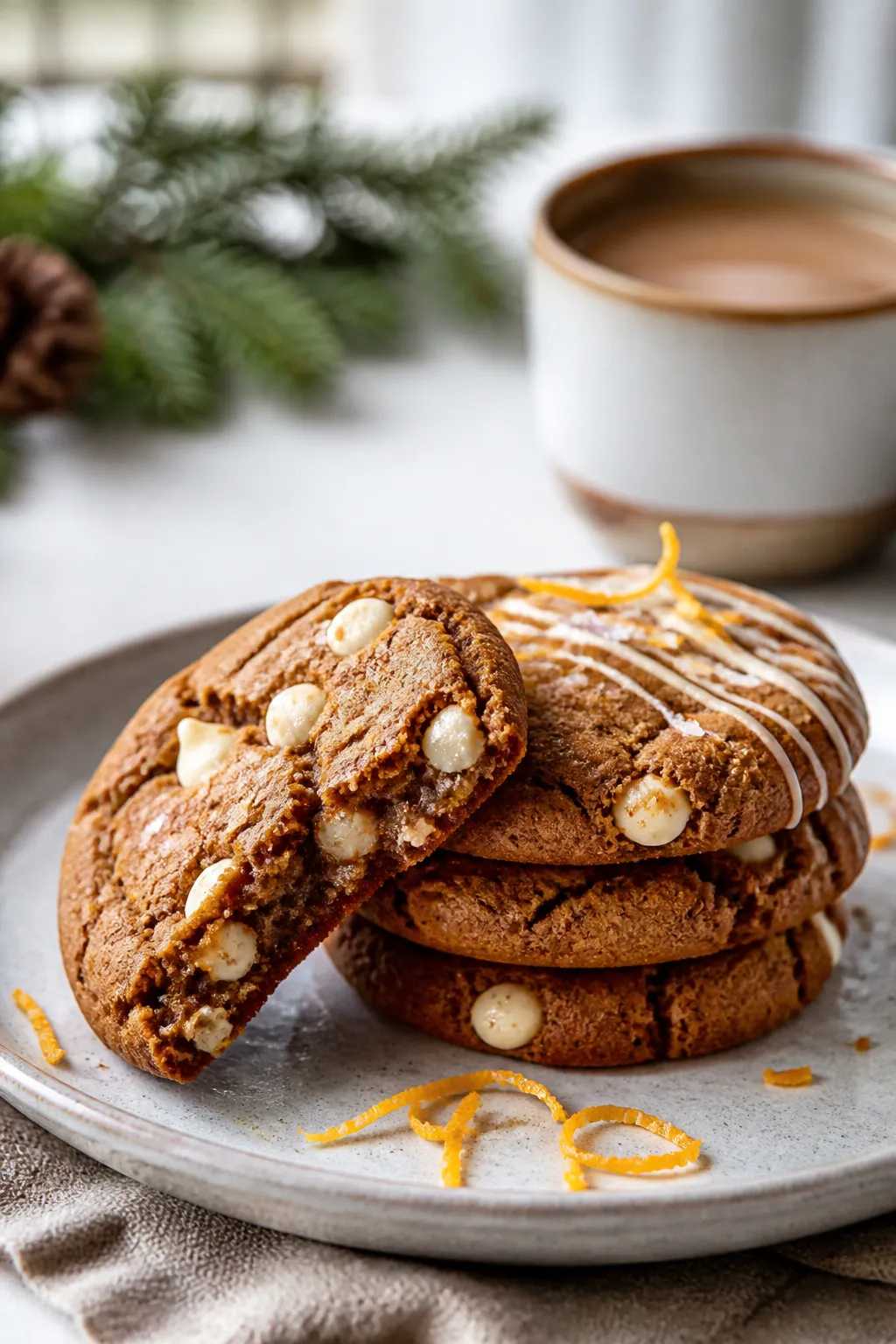 Final plated presentation: a small stack of 3–4 gingerbread white chocolate chip cookies on a matt