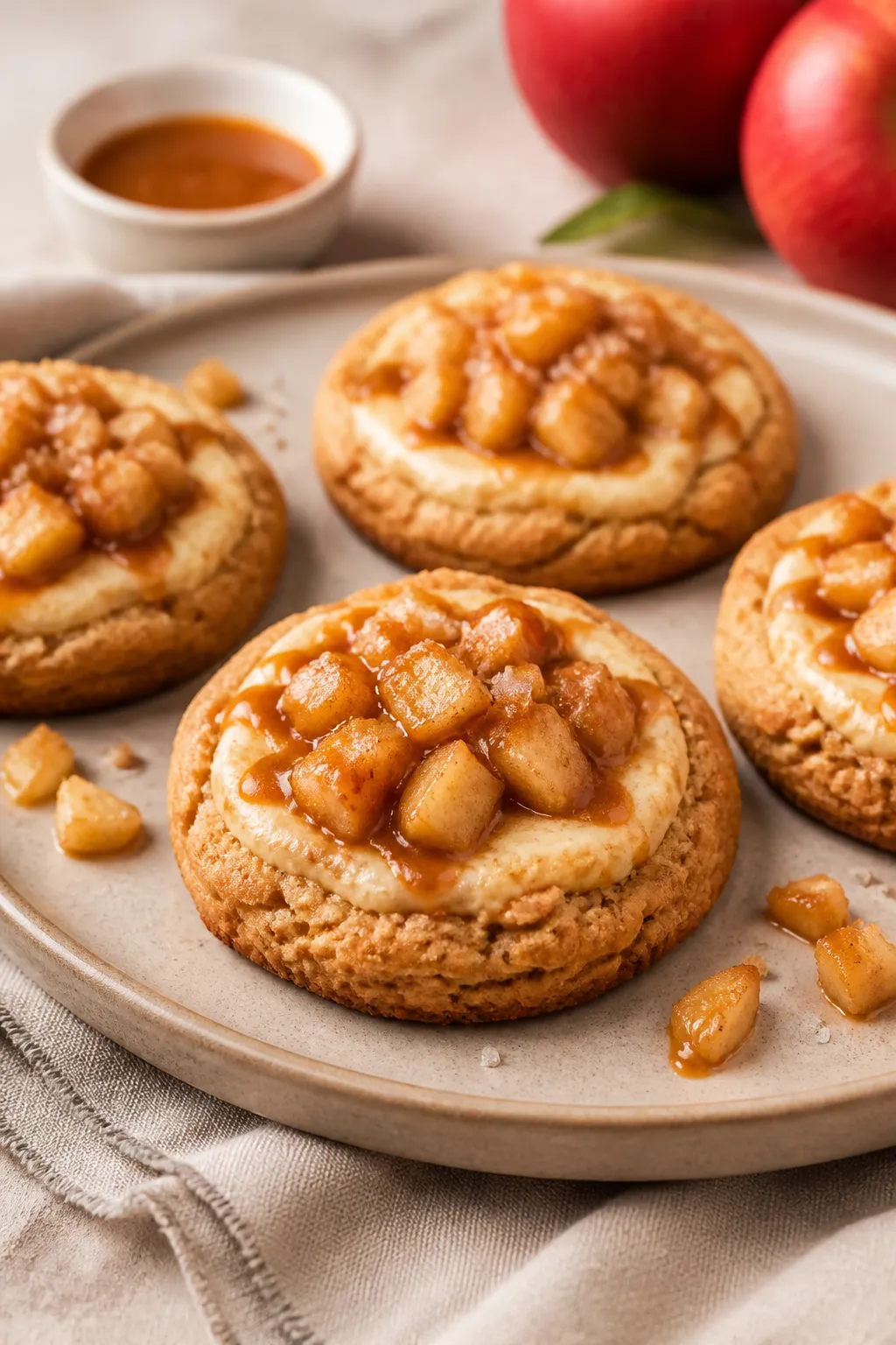 Final plated presentation: Bakery-style apple pie cheesecake cookies arranged on a matte ceramic pla