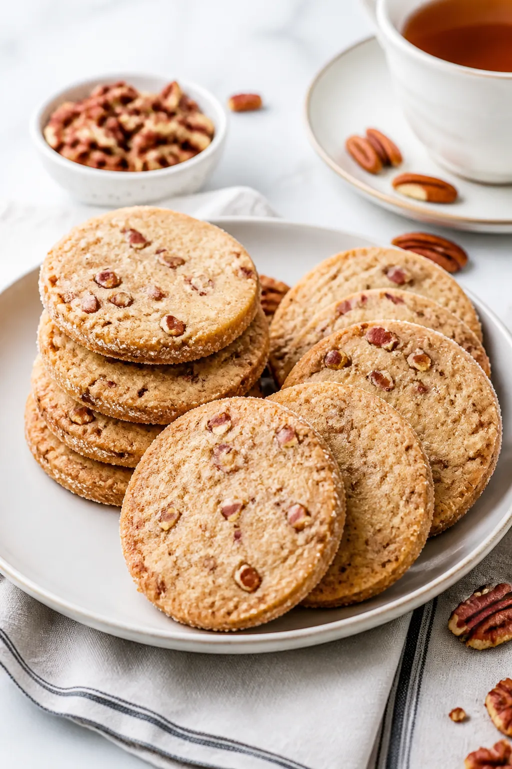 Final plated presentation of brown sugar pecan shortbread cookies as an elegant tea-time spread: nea