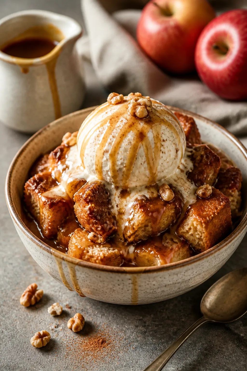 Final plated presentation: Restaurant-quality bowl of warm apple cinnamon bread pudding topped with