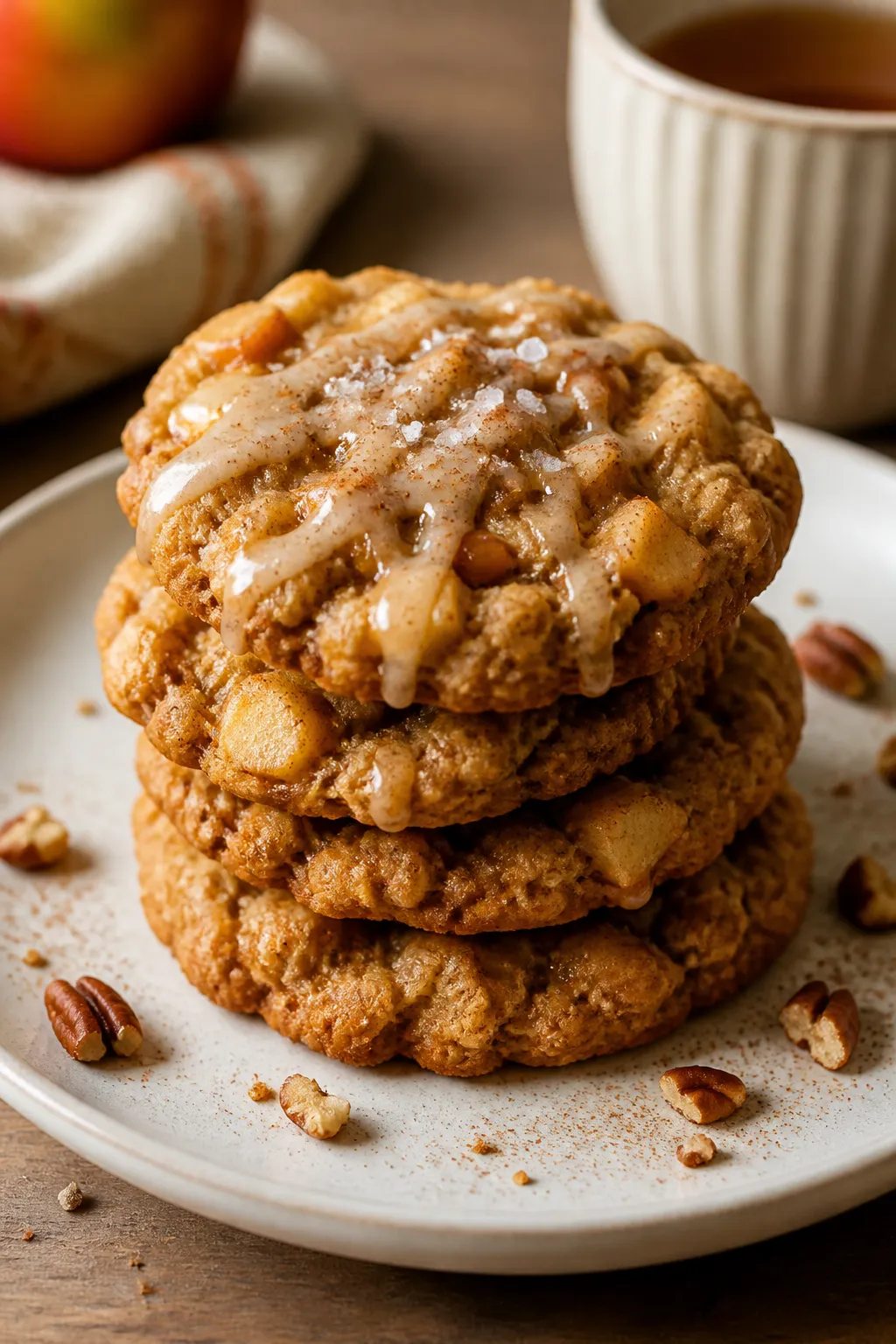 Final plated presentation: Restaurant-quality plating of 3–4 caramel apple oatmeal cookies stacked
