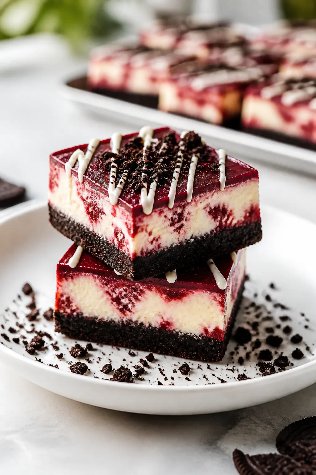 Final plated presentation: Restaurant-quality plating of two Red Velvet Oreo Cheesecake Bars stacked