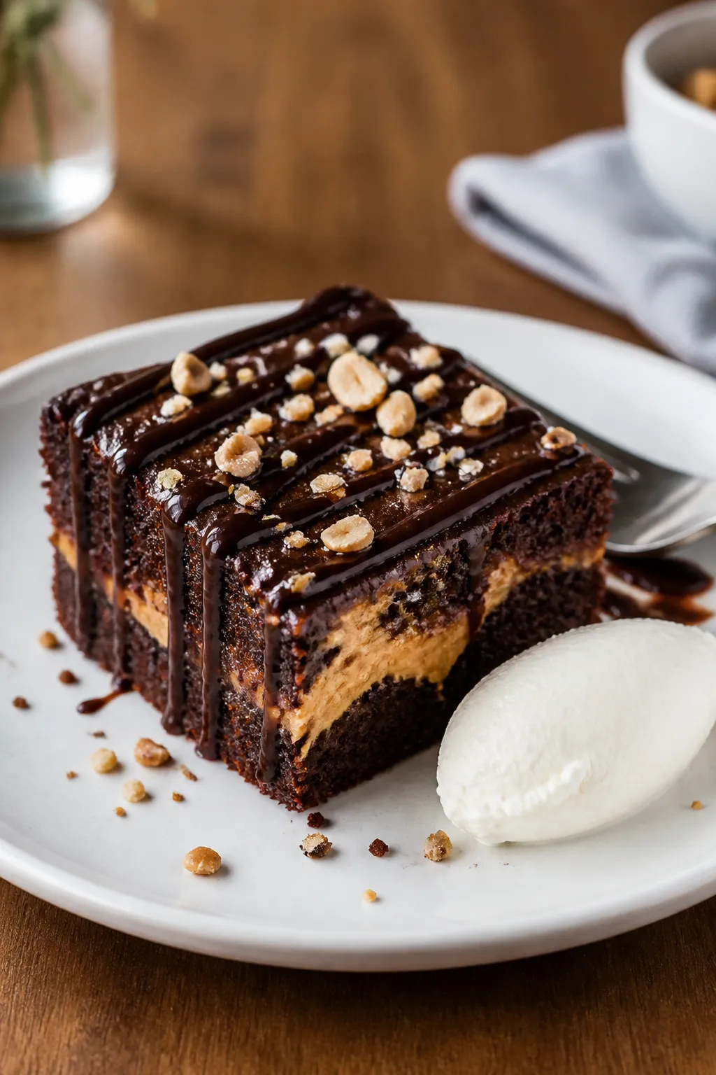 Final plated presentation: Restaurant-quality slice of crockpot chocolate peanut butter cake lifted 