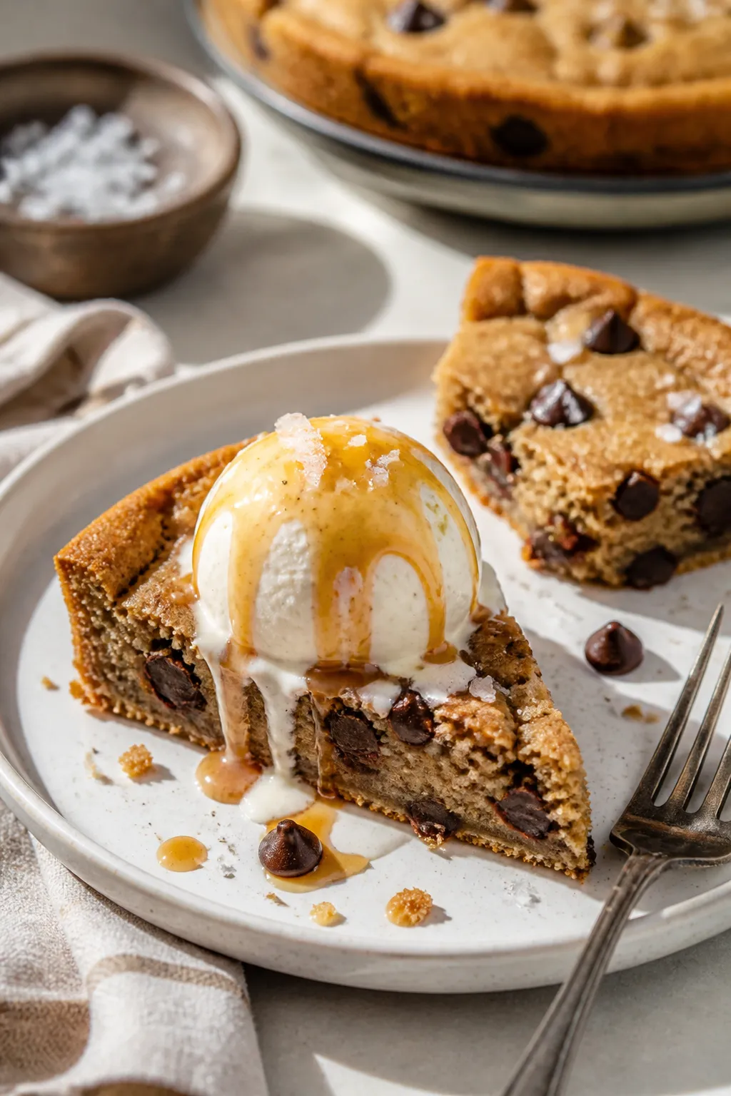 Final plated presentation: Slices of the cookie cake arranged on a white ceramic dessert plate, one
