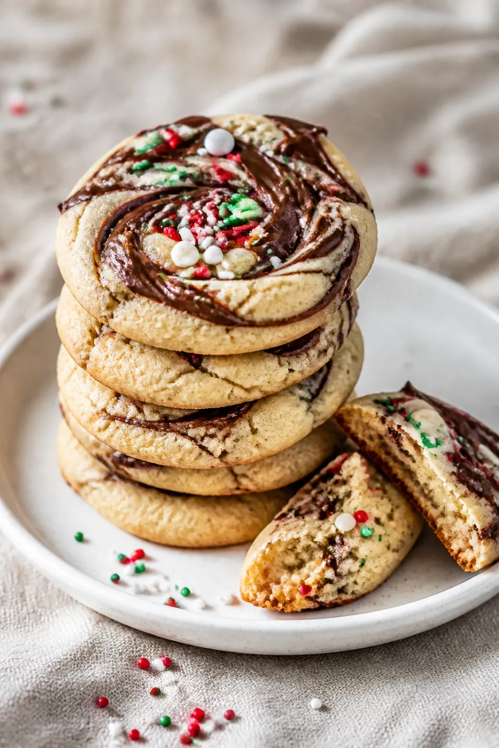 Final presentation: Beautifully plated stack of Christmas Sugar Cookie Fudge Cookies on a simple whi