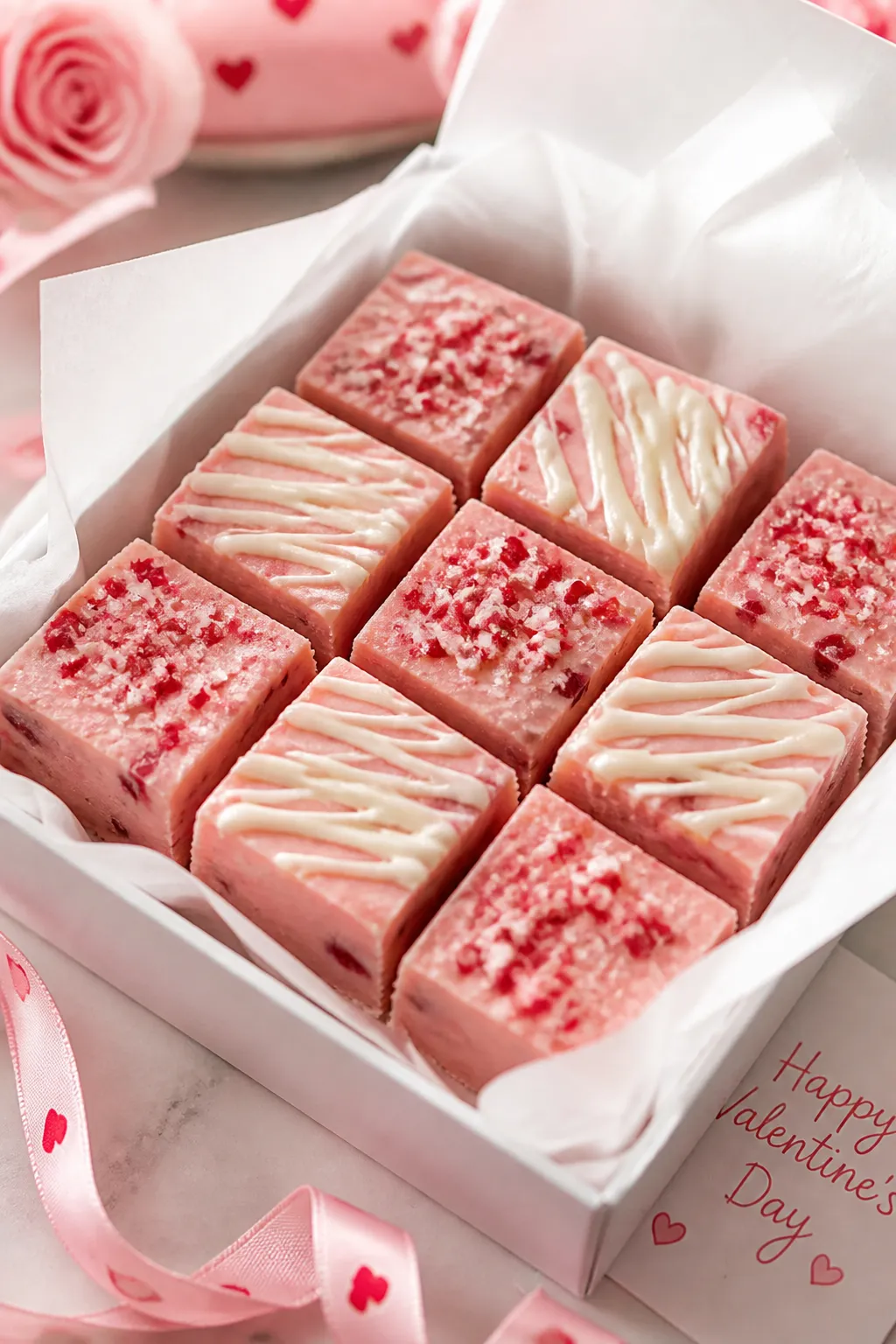 Final presentation, giftable serving: Beautifully plated Valentine’s Day Strawberry Fudge squares