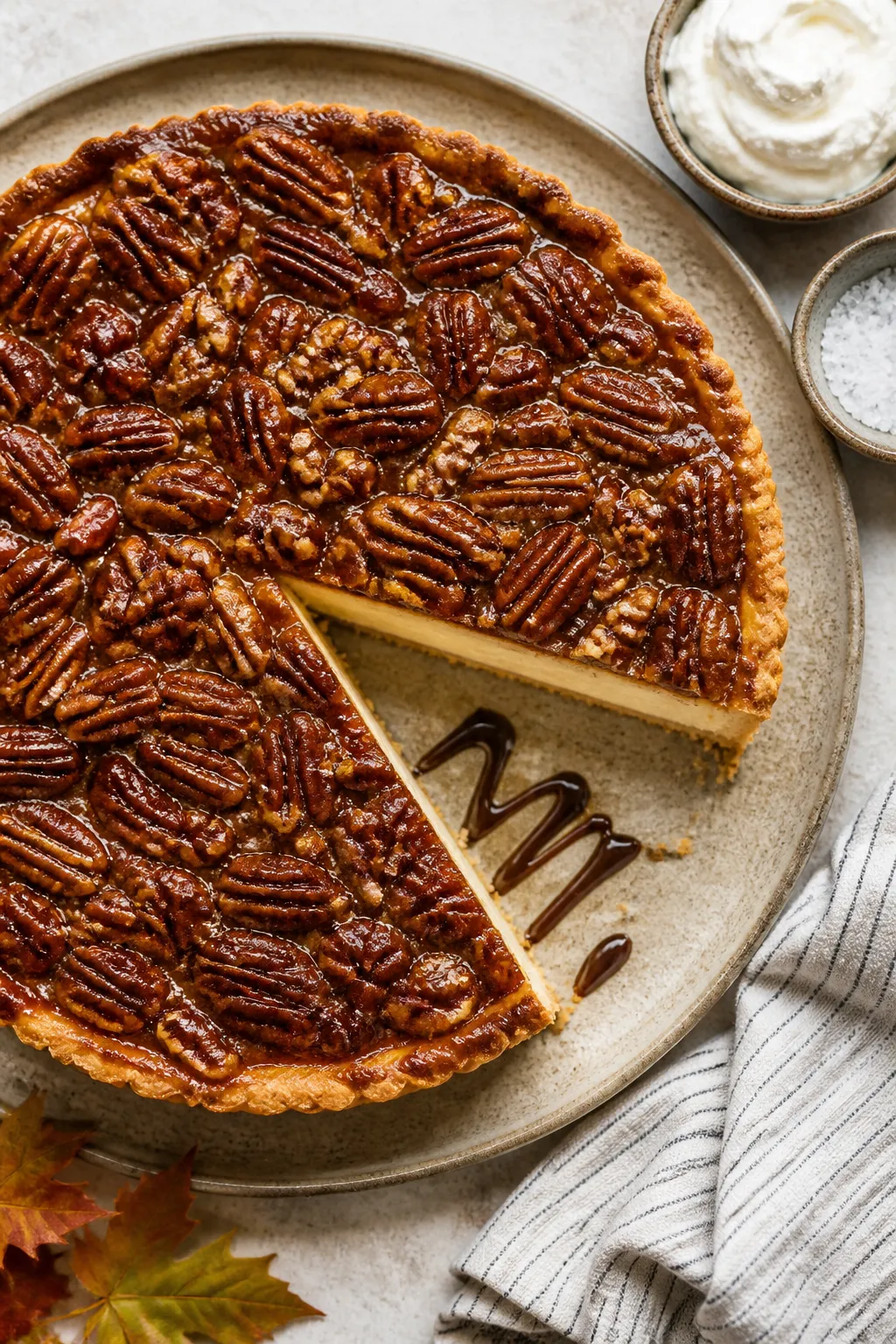 Final presentation: Hero top-down image of the whole Maple Pecan Cheesecake Pie post-bake and fully 