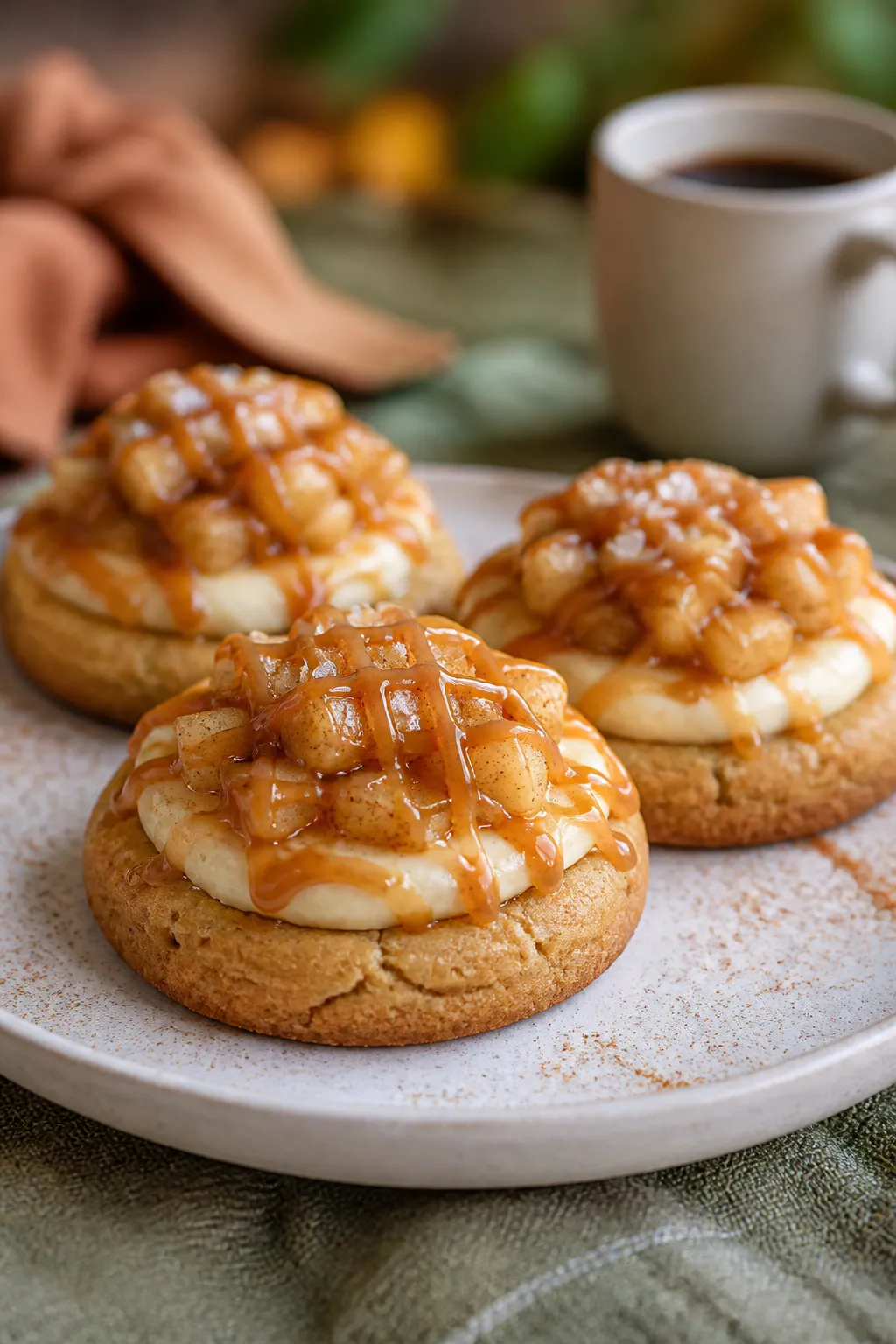 Final presentation: Restaurant-quality plate of three Caramel Apple Cheesecake Cookies arranged in a
