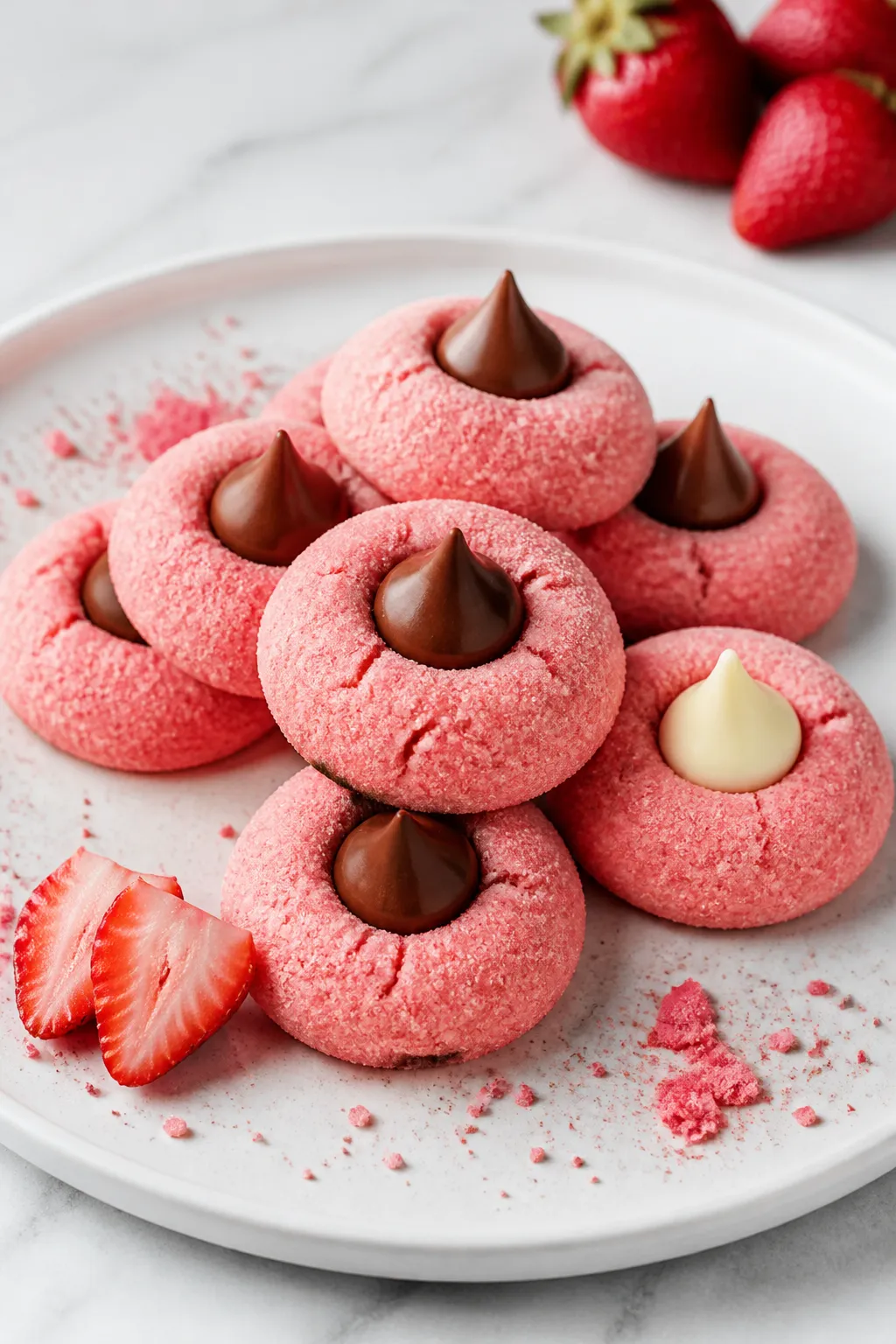 Final presentation: Restaurant-quality plated arrangement of pink strawberry kiss cookies on a matte