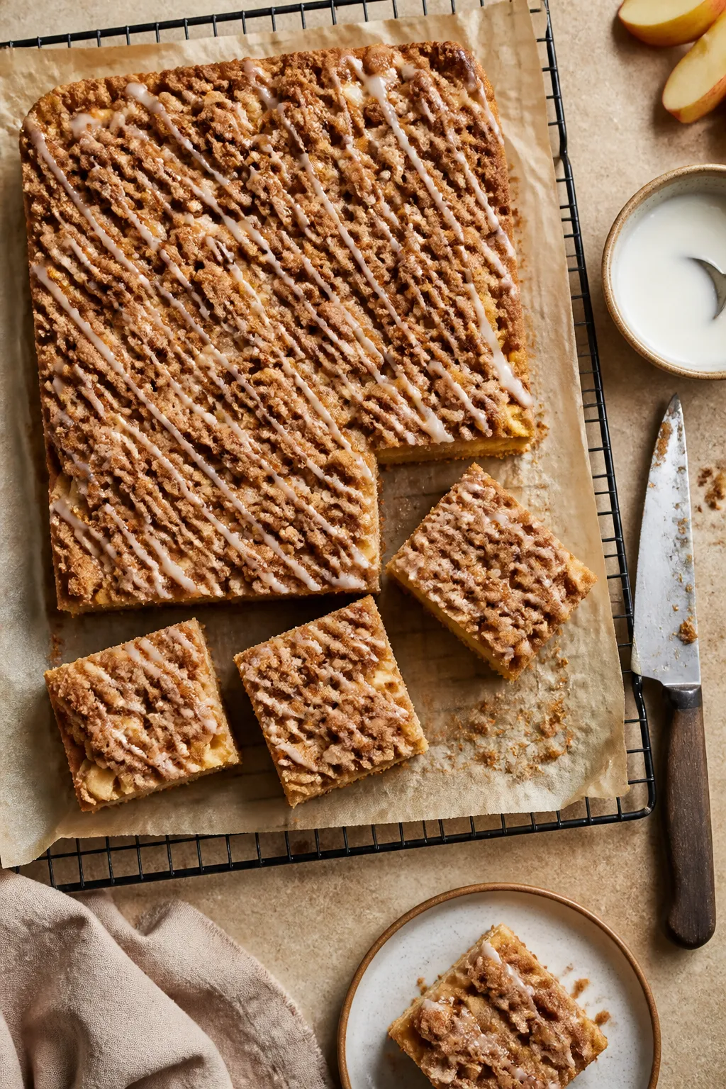 Final presentation top-down: Tasty overhead shot of the fully baked Apple Cinnamon Coffee Cake on a 