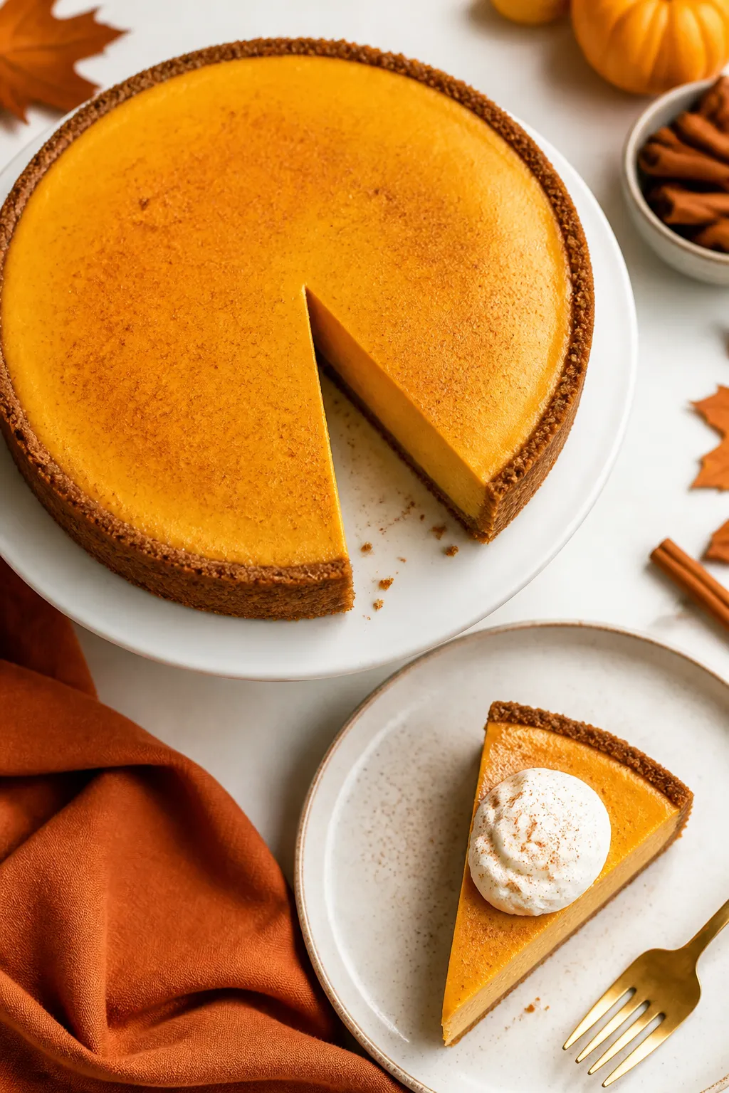 Final presentation, top view: Tasty top-down shot of the fully chilled Pumpkin Cheesecake Pie on a s