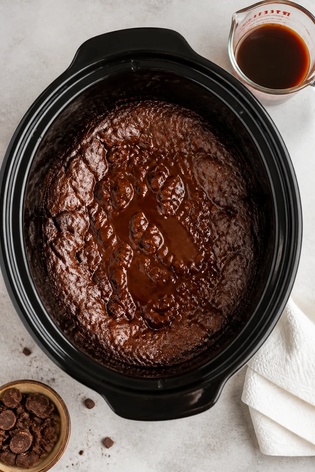 Overhead process shot: of the slow cooker just after cooking, lid removed, showing set, matte-fudgy