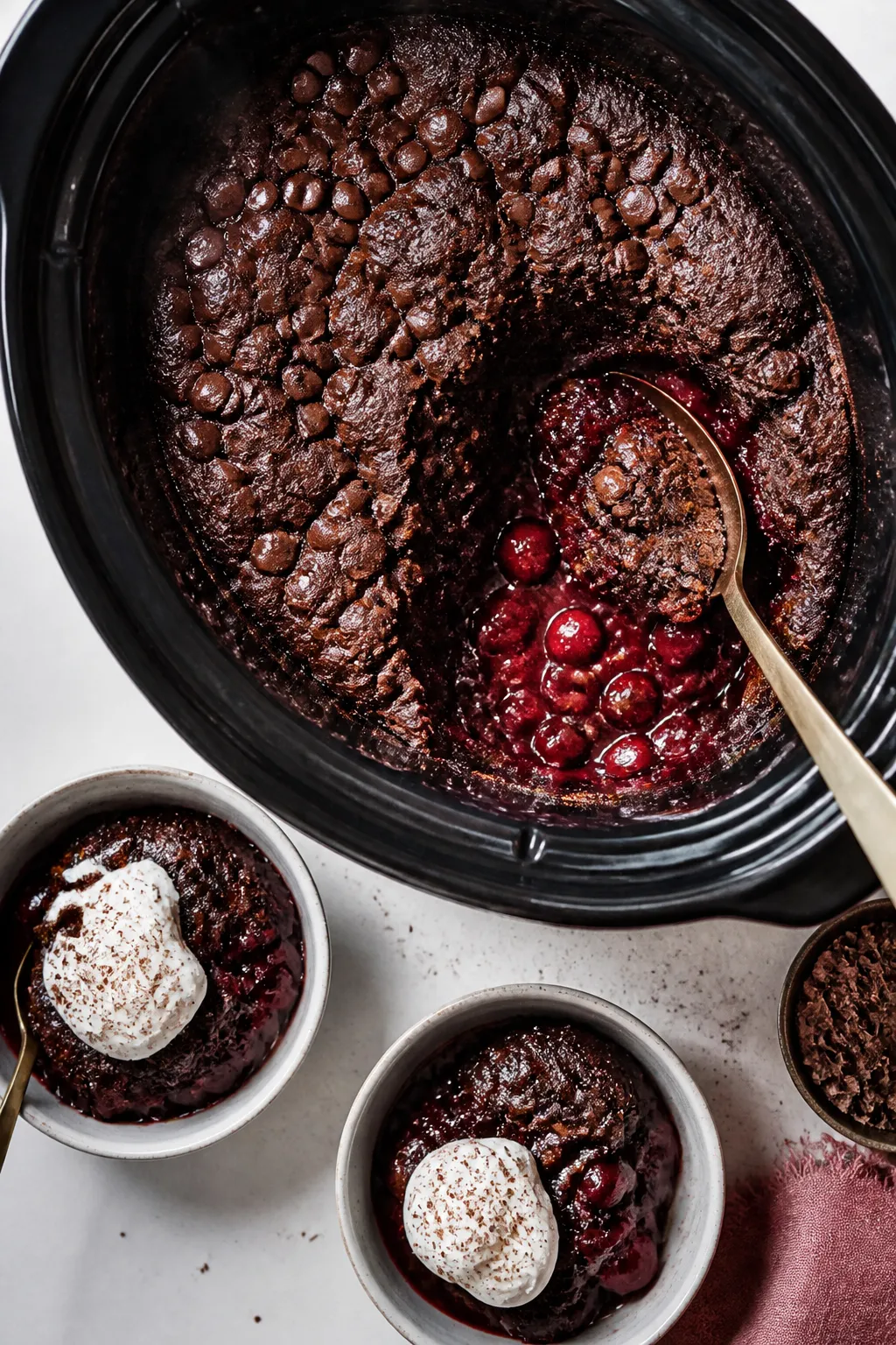 Overhead “serve-from-the-crock” scene: Top-down shot of the finished dump cake in the slow cooke