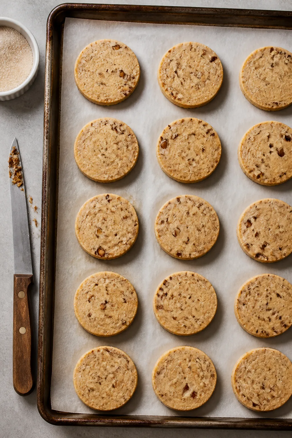 Overhead shot of slice-and-bake shortbread rounds arranged on a parchment-lined baking sheet just ou
