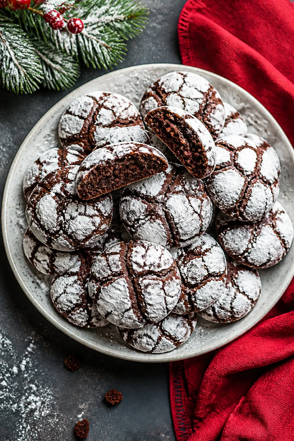 Overhead “tasty top view”: A festive plate piled high with Christmas Crinkle Cookies, each with