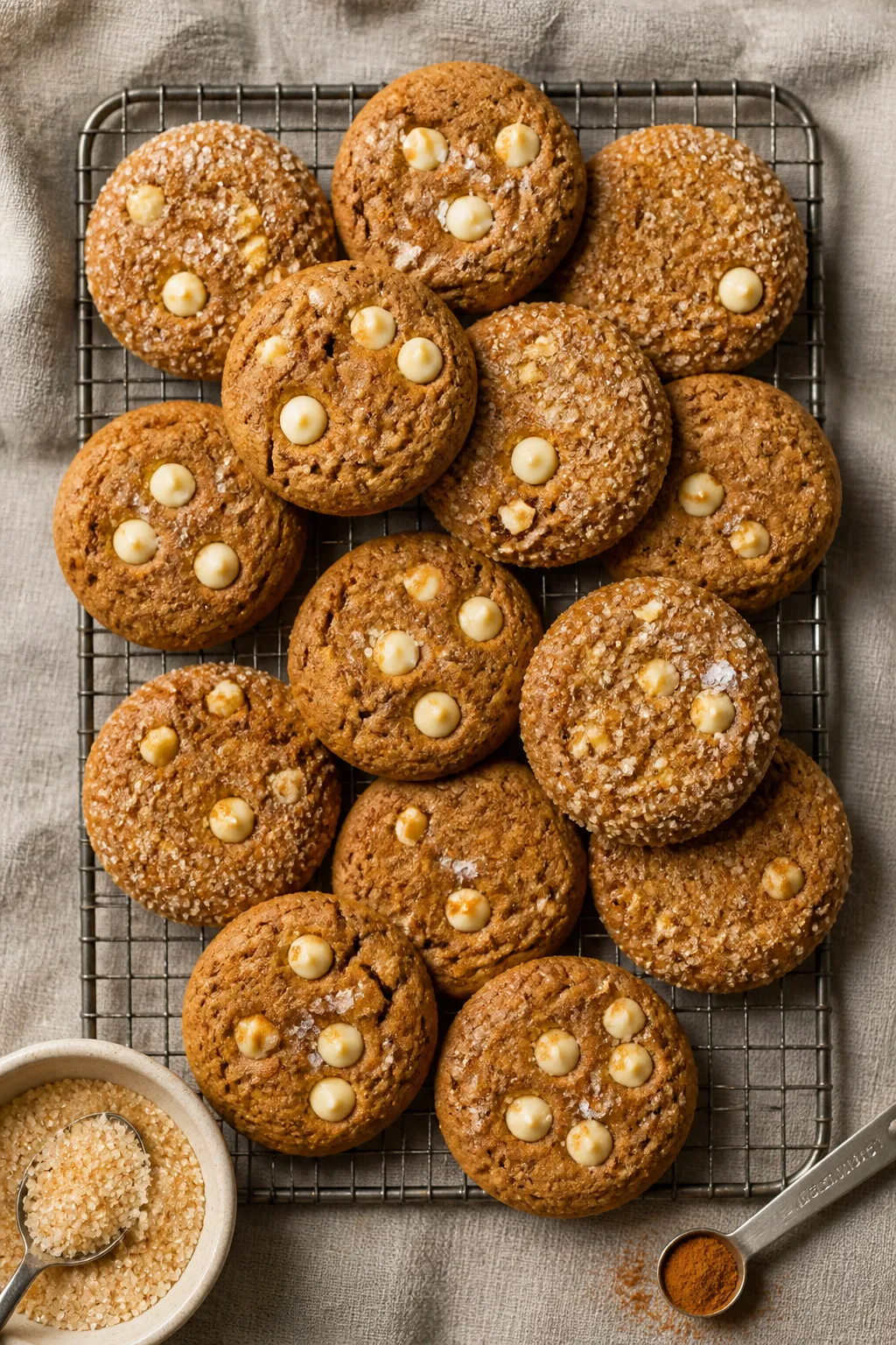 Overhead “tasty top view” of a cooling rack filled with uniformly baked gingerbread white chocol