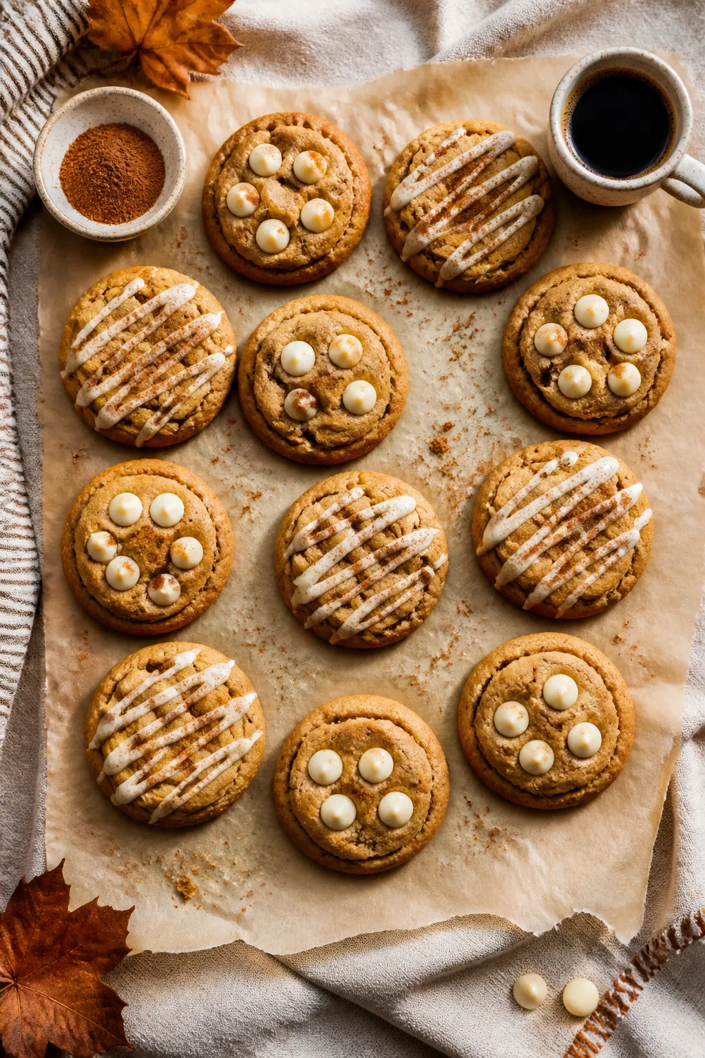 Overhead “tasty top view” of a cozy fall cookie spread: a neat grid of Pumpkin Spice Latte Cooki