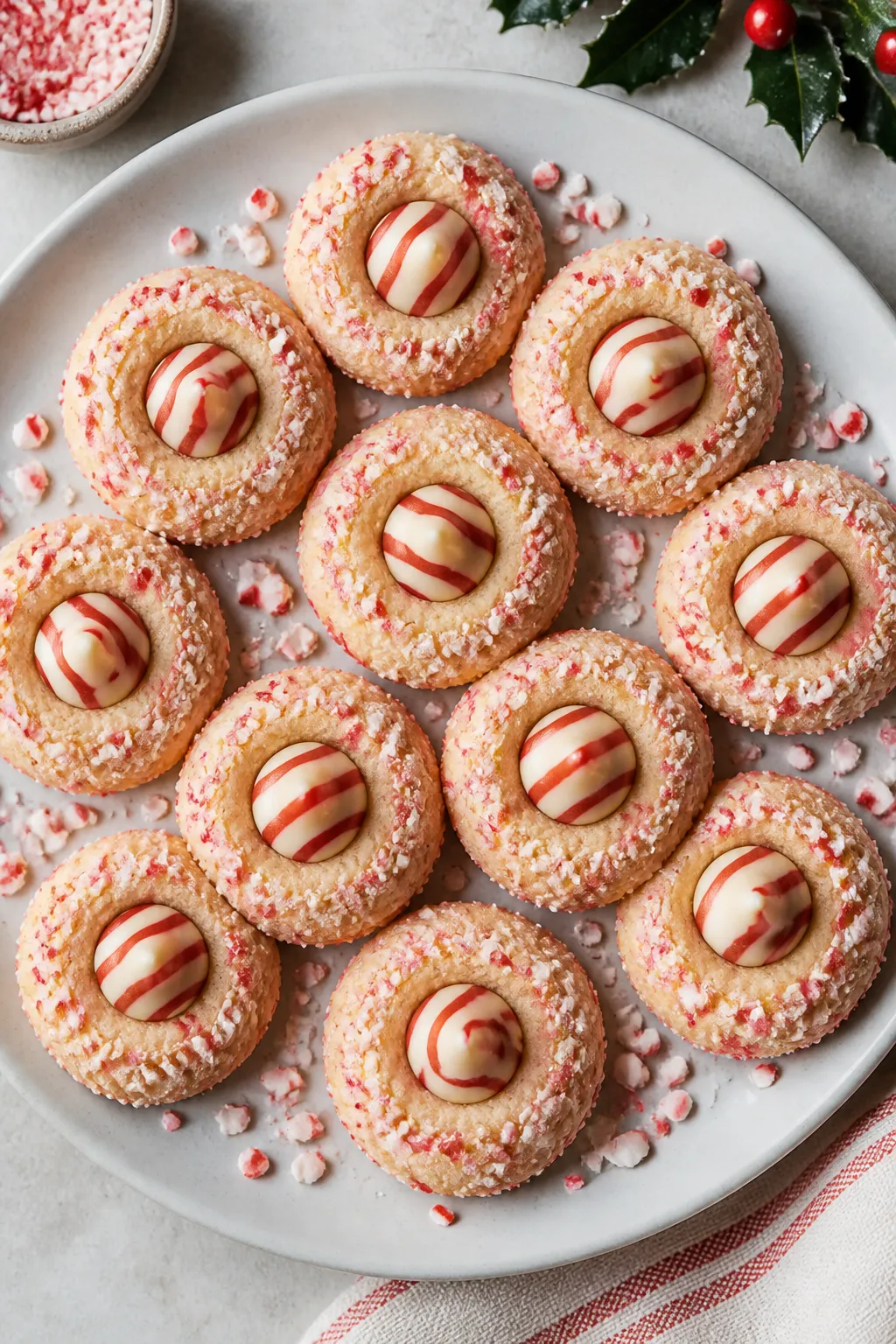 Overhead “tasty top view” of a platter of finished Candy Cane Kiss Cookies arranged in a loose c