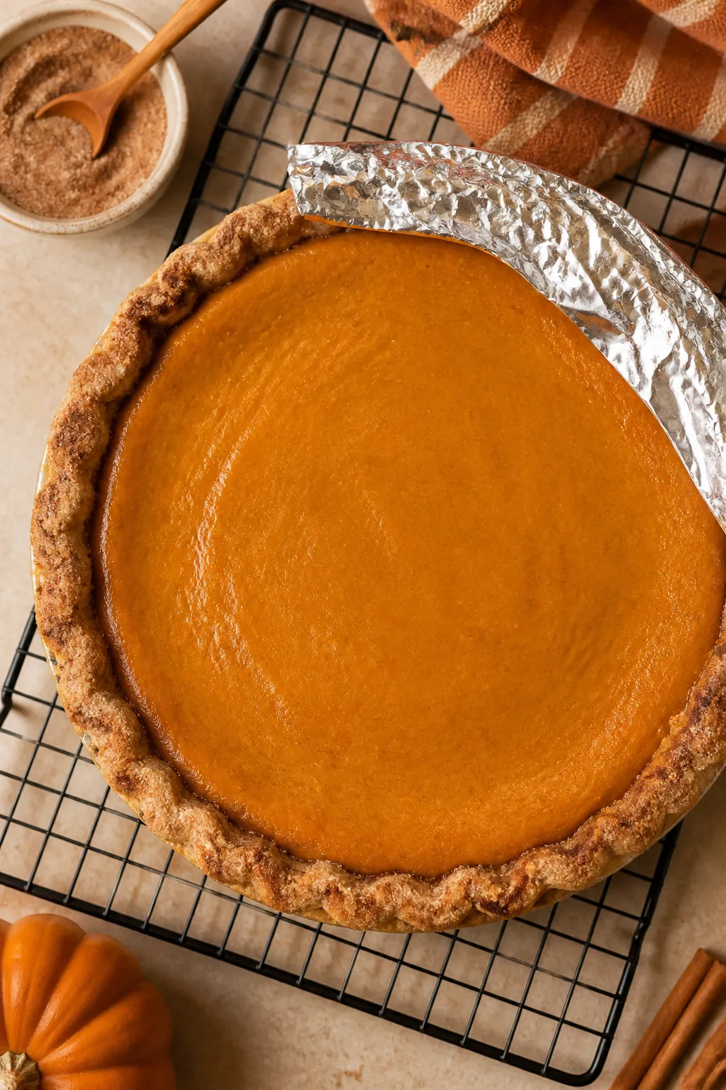 Overhead “tasty top view” of the fully baked Pumpkin Snickerdoodle Pie cooling on a rack: silky 