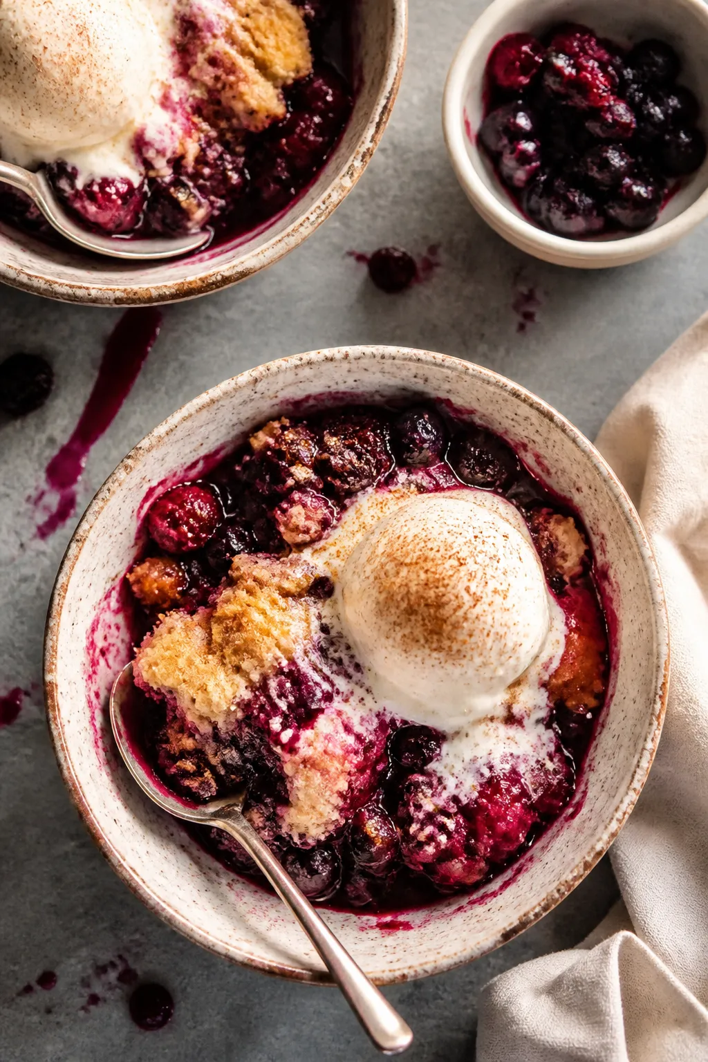 Overhead “tasty top view” of warm mixed berry cobbler served in rustic bowls: scoops showing the