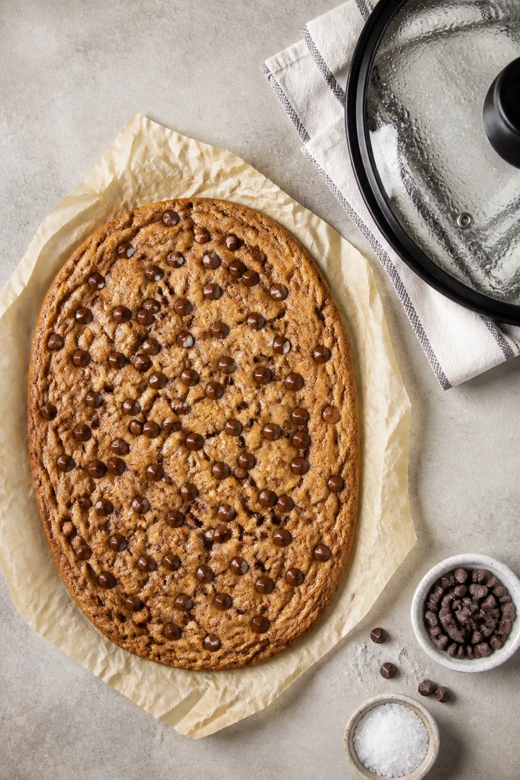 Overhead “tasty top view”: The entire cookie cake resting on parchment pulled from the oval slow