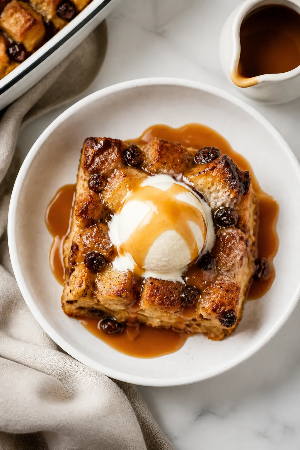 Overhead top-view: A neatly sliced square of warm crockpot bread pudding in a shallow white bowl, to