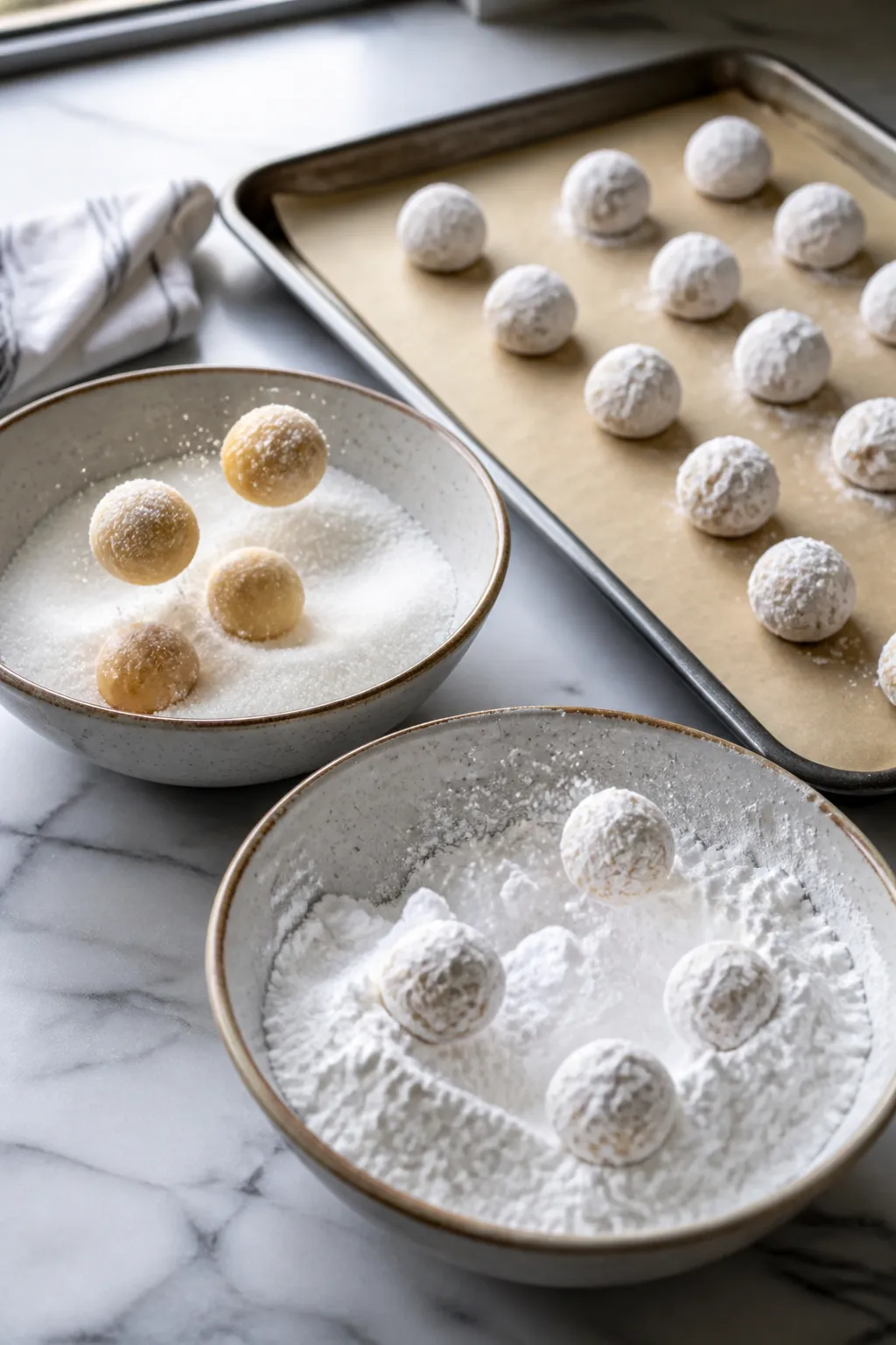 Process-in-action shot: Portioning and coating stage—rounded dough balls already chilled and rolle