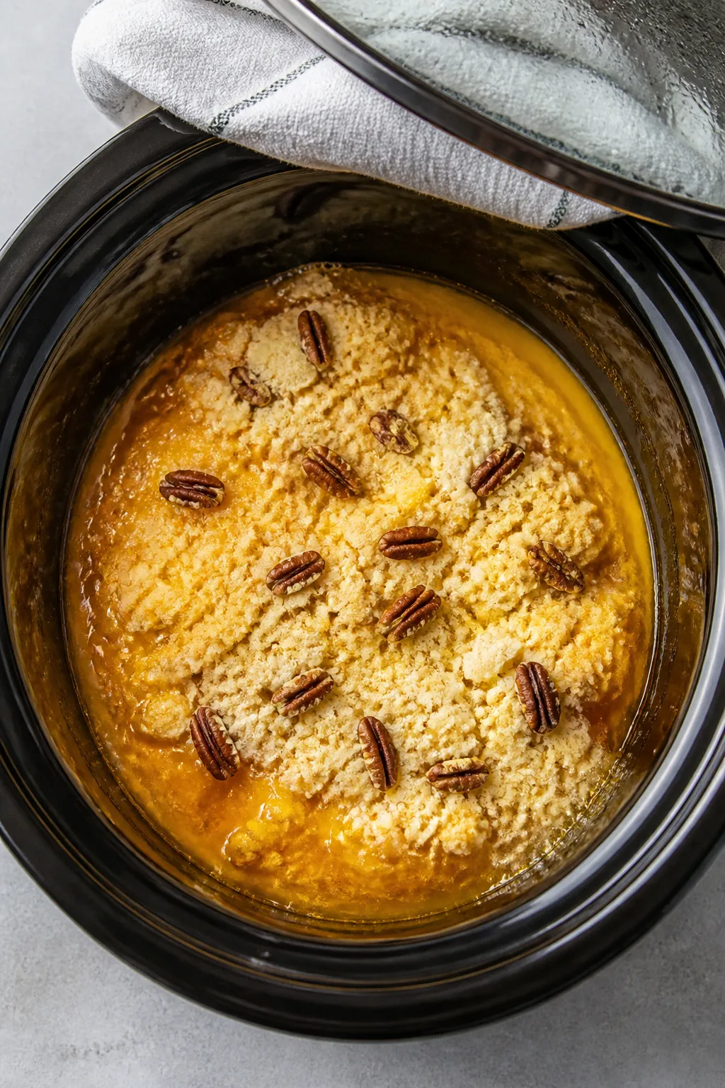 Process moment in the slow cooker: showing the “do not stir” layer effect mid-cook—the smooth
