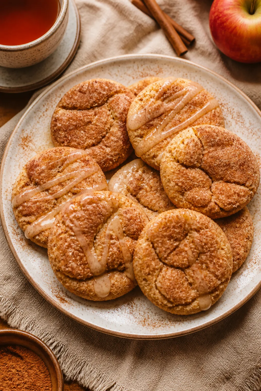 Tasty top view final presentation: Overhead shot of a cozy plate of apple butter snickerdoodle cooki