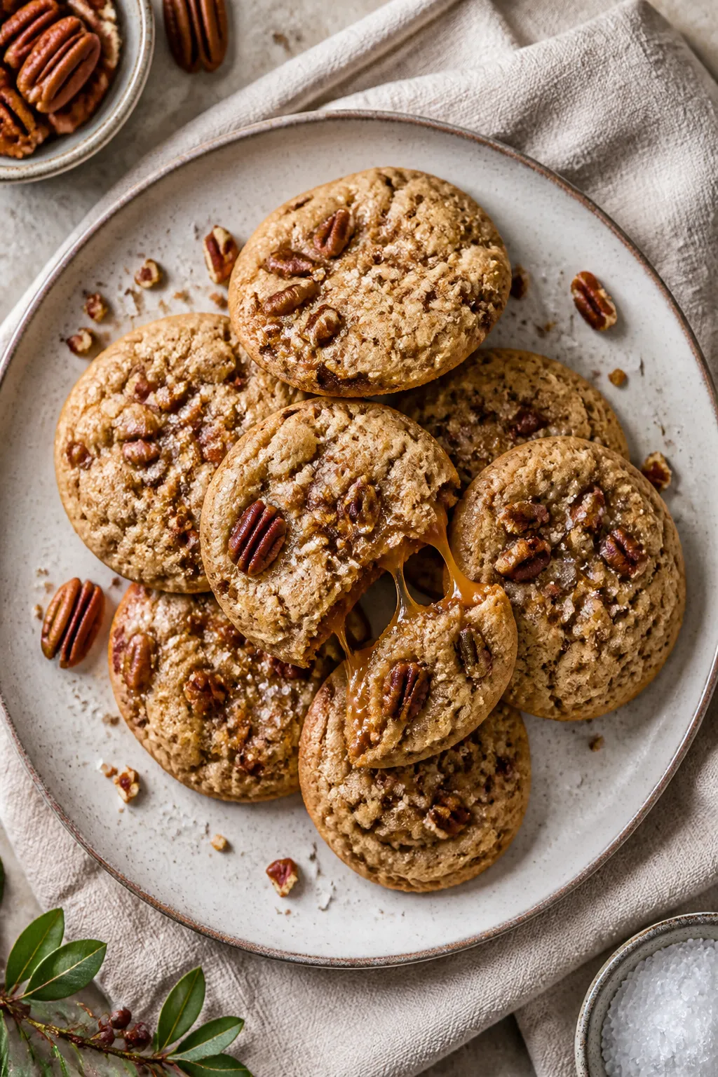Tasty top view final presentation: Overhead shot of a plate of salted caramel pecan cookies arranged