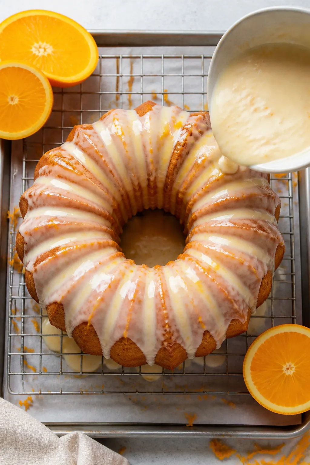 Tasty top view, glazing action: Overhead shot of the fully cooled Orange Bundt Cake as glossy citrus