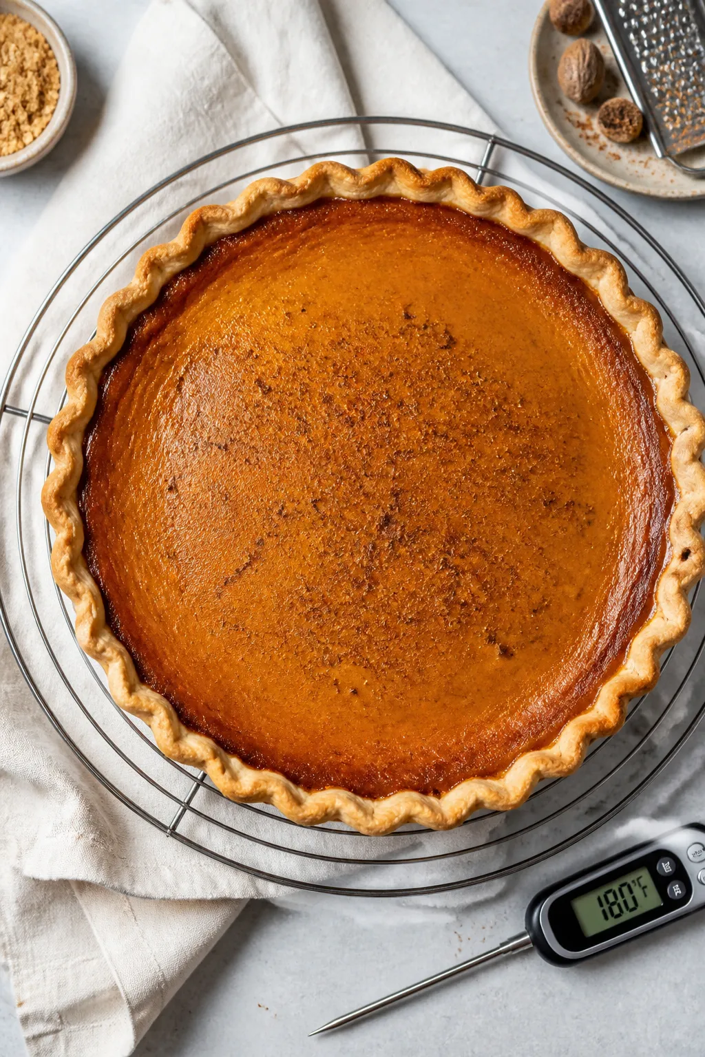 Tasty top view, overhead: Freshly baked Brown Sugar Sweet Potato Pie on a cool rack, overhead shot h