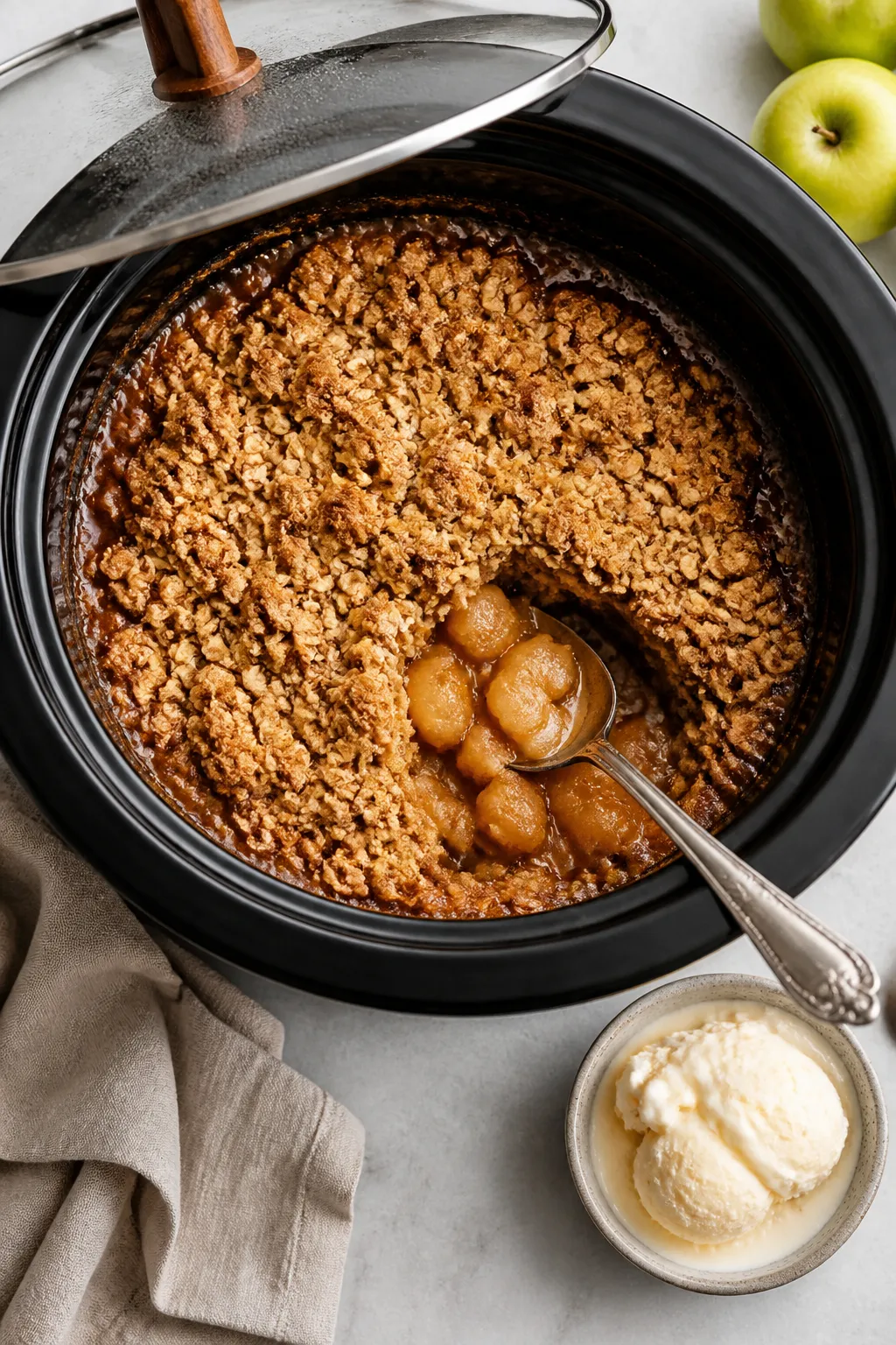 Tasty top view (overhead): Overhead shot of the finished apple crisp still in the slow cooker, lid p