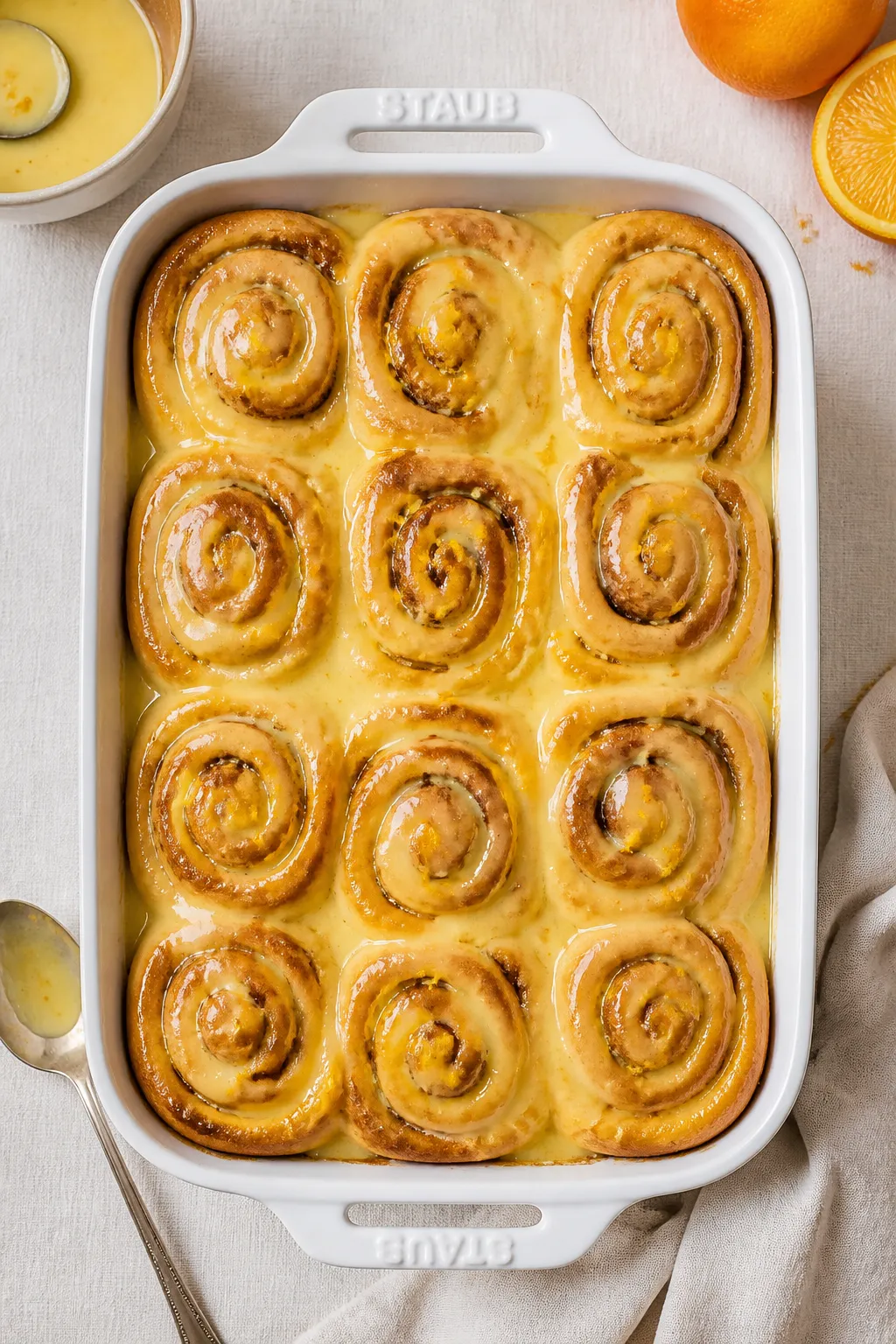 Tasty top view: Overhead shot of 12 orange sweet rolls arranged snugly in a 9x13 pan, fully glazed w