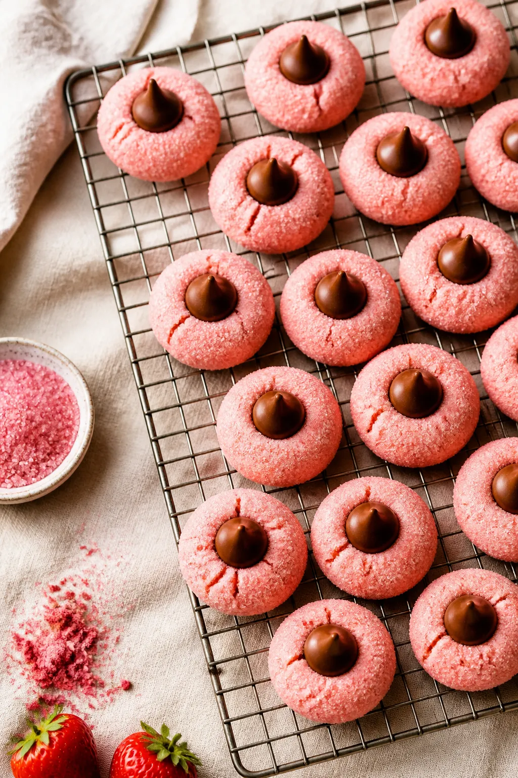 Tasty top view: Overhead shot of a cooling rack filled with pink strawberry kiss cookies, evenly spa
