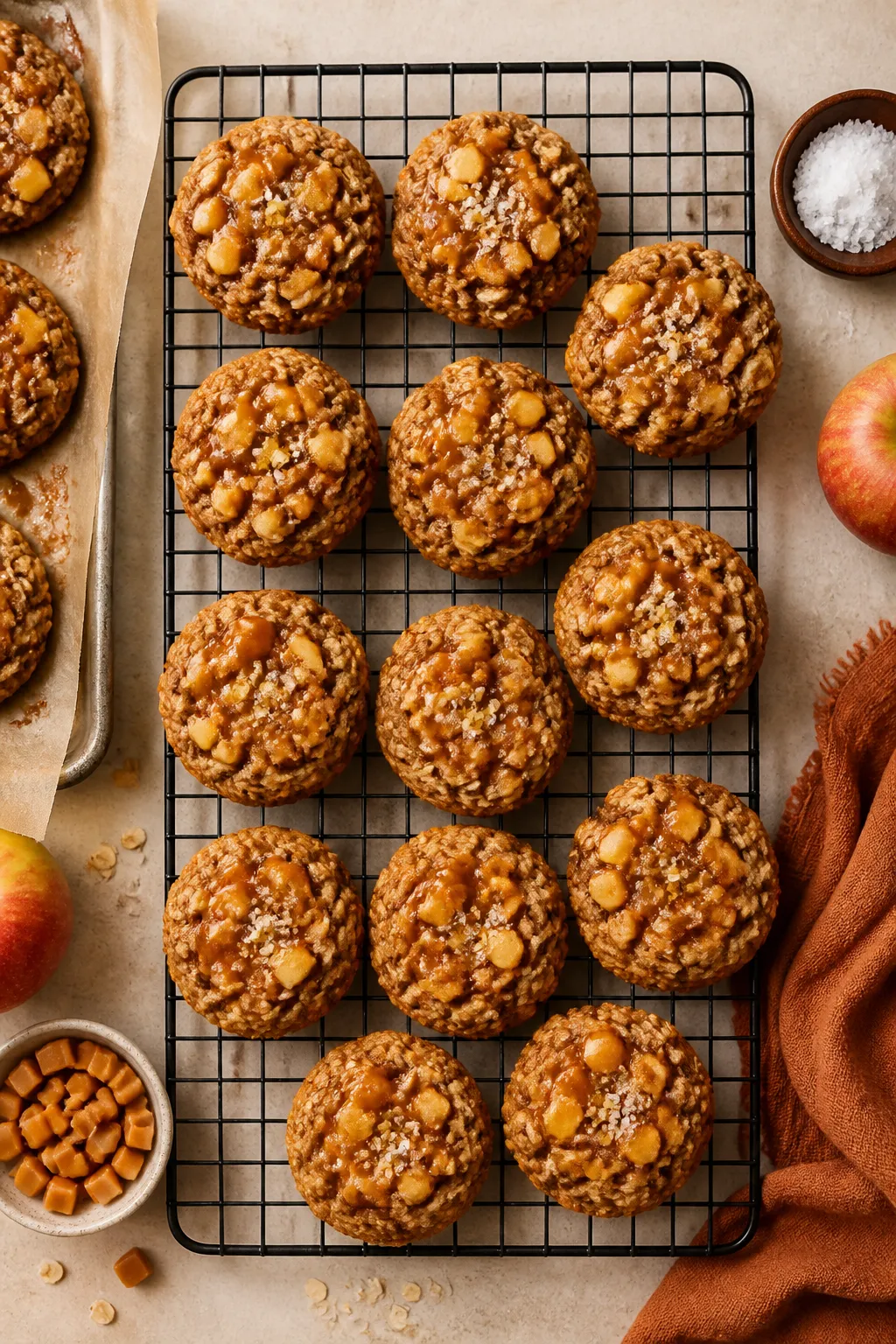 Tasty top view: Overhead shot of a cooling rack filled with baked caramel apple oatmeal cookies, eve