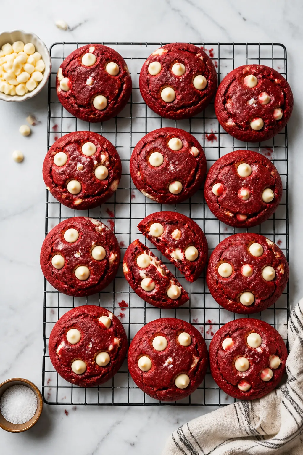 Tasty top view: Overhead shot of a cooling rack filled with vibrant red velvet cookies arranged in a