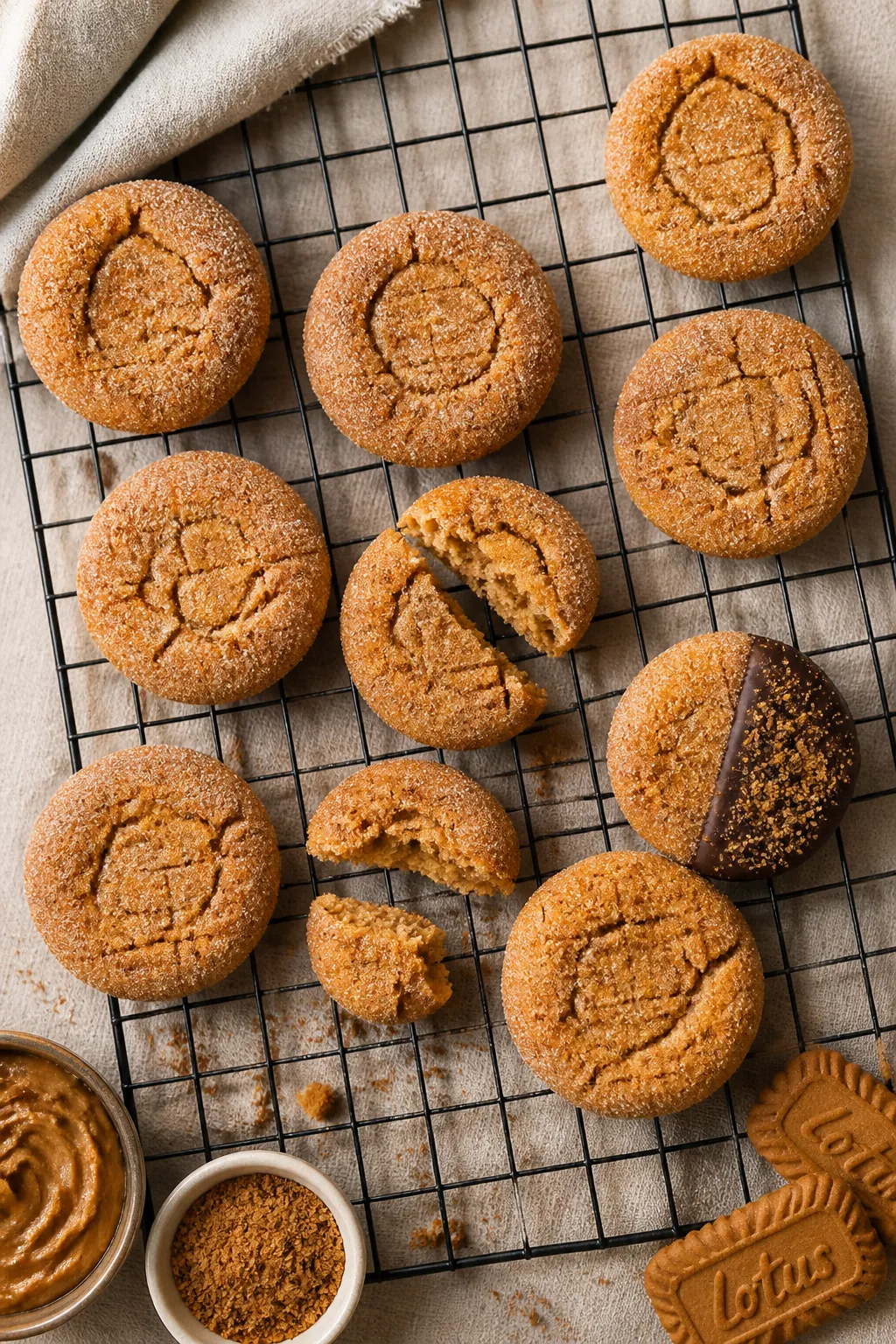Tasty top view: Overhead shot of a cooling rack filled with sugar-rolled cookie butter cookies, even