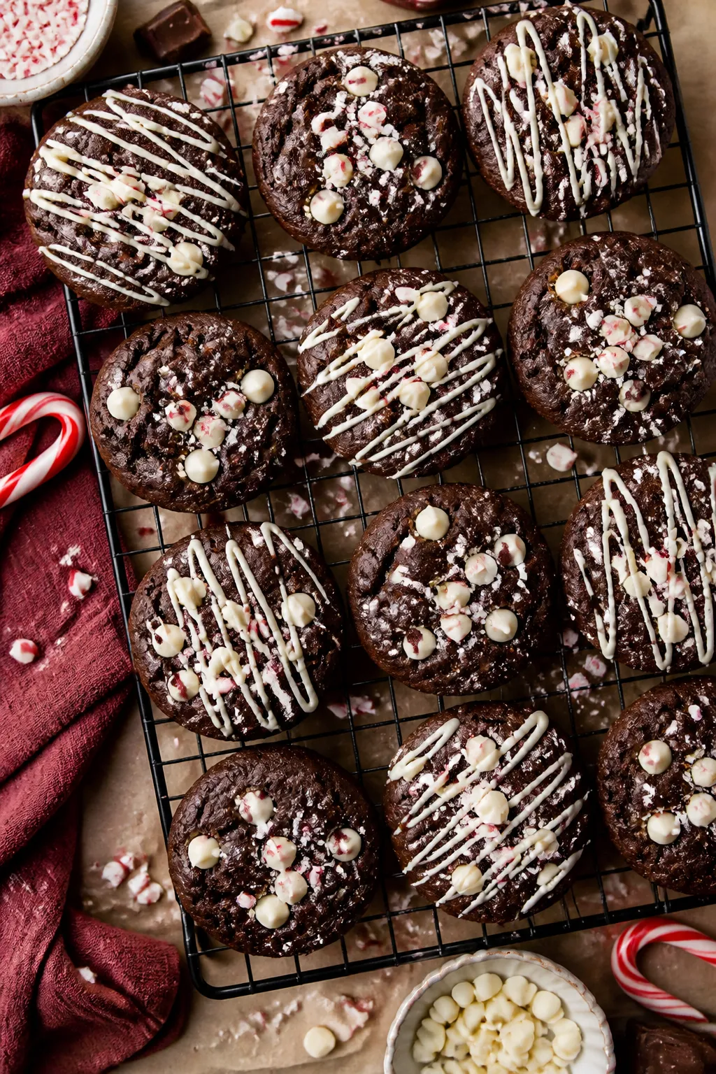 Tasty top view: Overhead shot of a cooling rack filled with finished peppermint bark cookies, some d