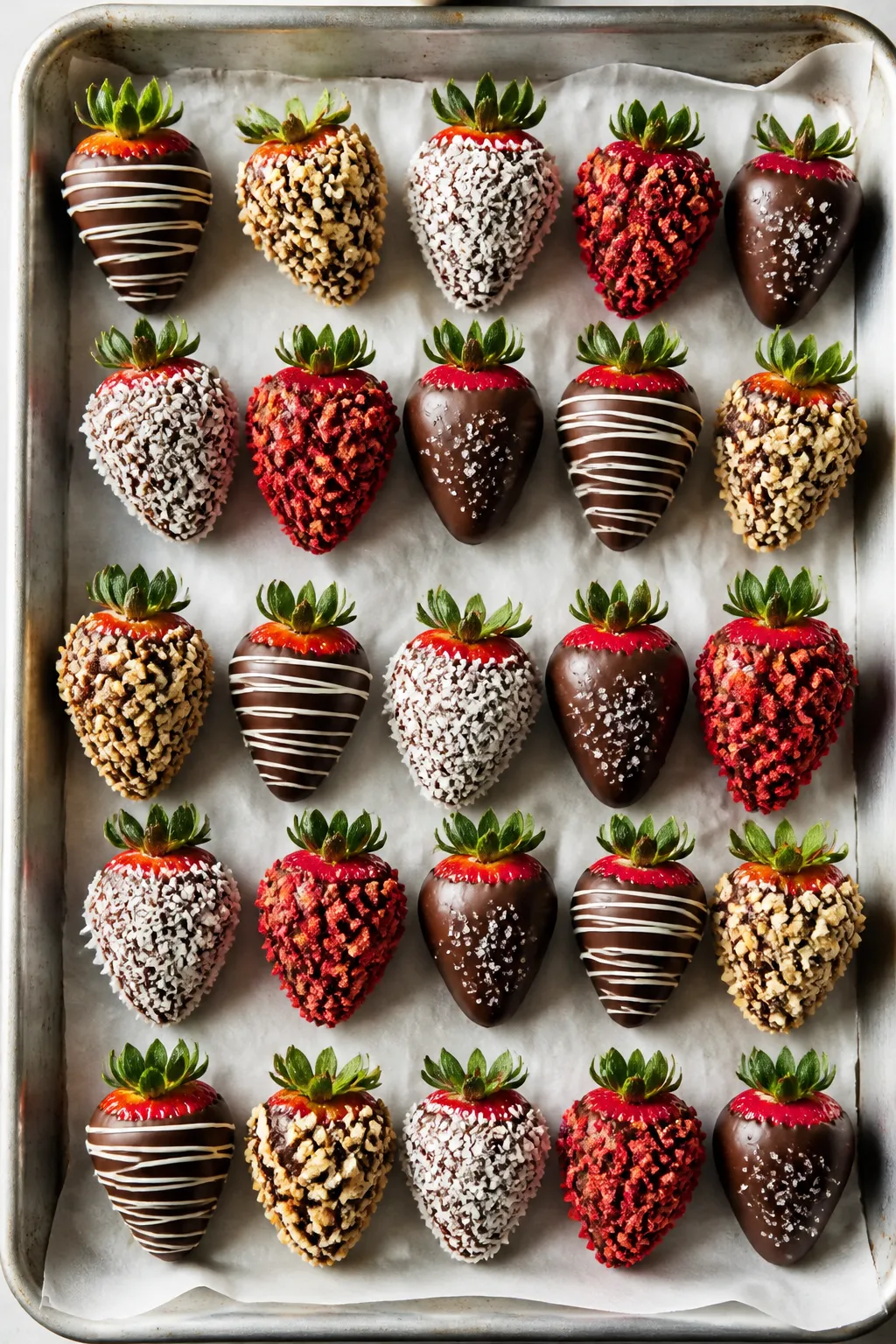 Tasty top view: Overhead shot of a parchment-lined baking sheet filled with set chocolate-covered st